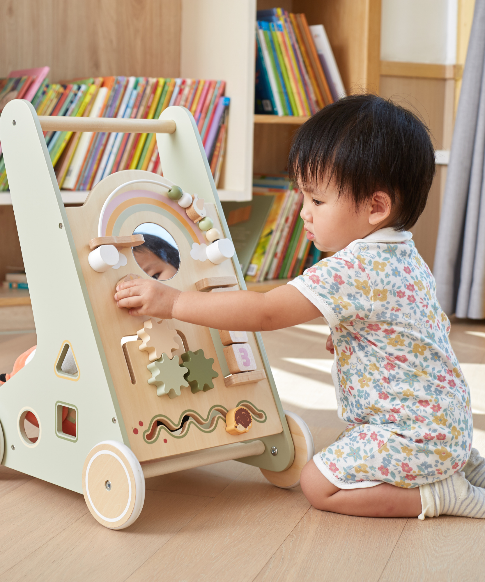 PolarB Wooden Baby Walker for Toddlers with Educational Activities and Toy Storage, Includes Shape Sorter, Mirror, Beads, Gears and More, For Ages 18 Months and Up