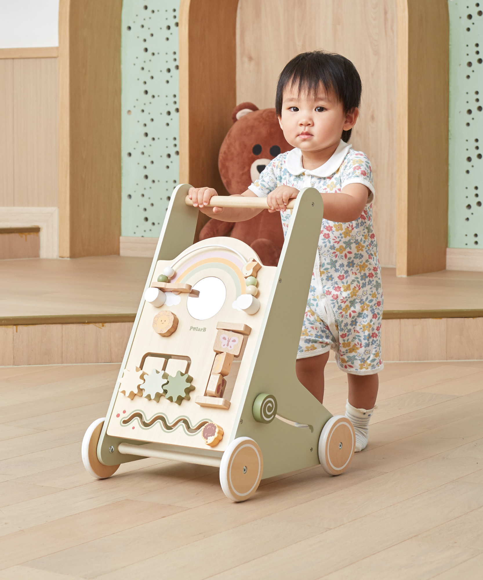 PolarB Wooden Baby Walker for Toddlers with Educational Activities and Toy Storage, Includes Shape Sorter, Mirror, Beads, Gears and More, For Ages 18 Months and Up