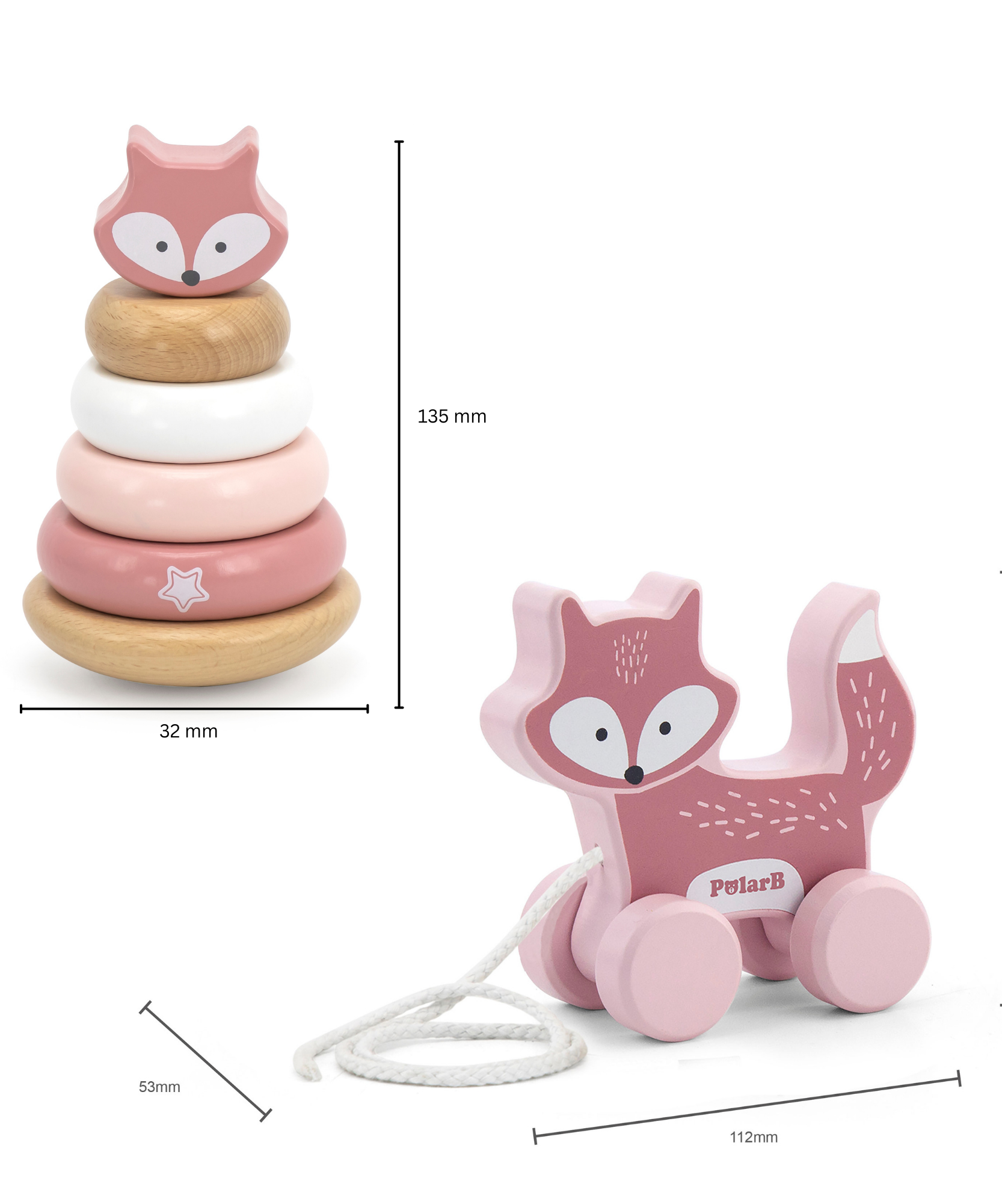 مجموعة ألعاب PolarB الخشبية على شكل ثعلب قابلة للسحب والتكديس، ألعاب تعليمية للأطفال الصغار للمشي والمهارات الحركية الدقيقة والتعرف على الألوان، للأعمار من 18 شهرًا فما فوق