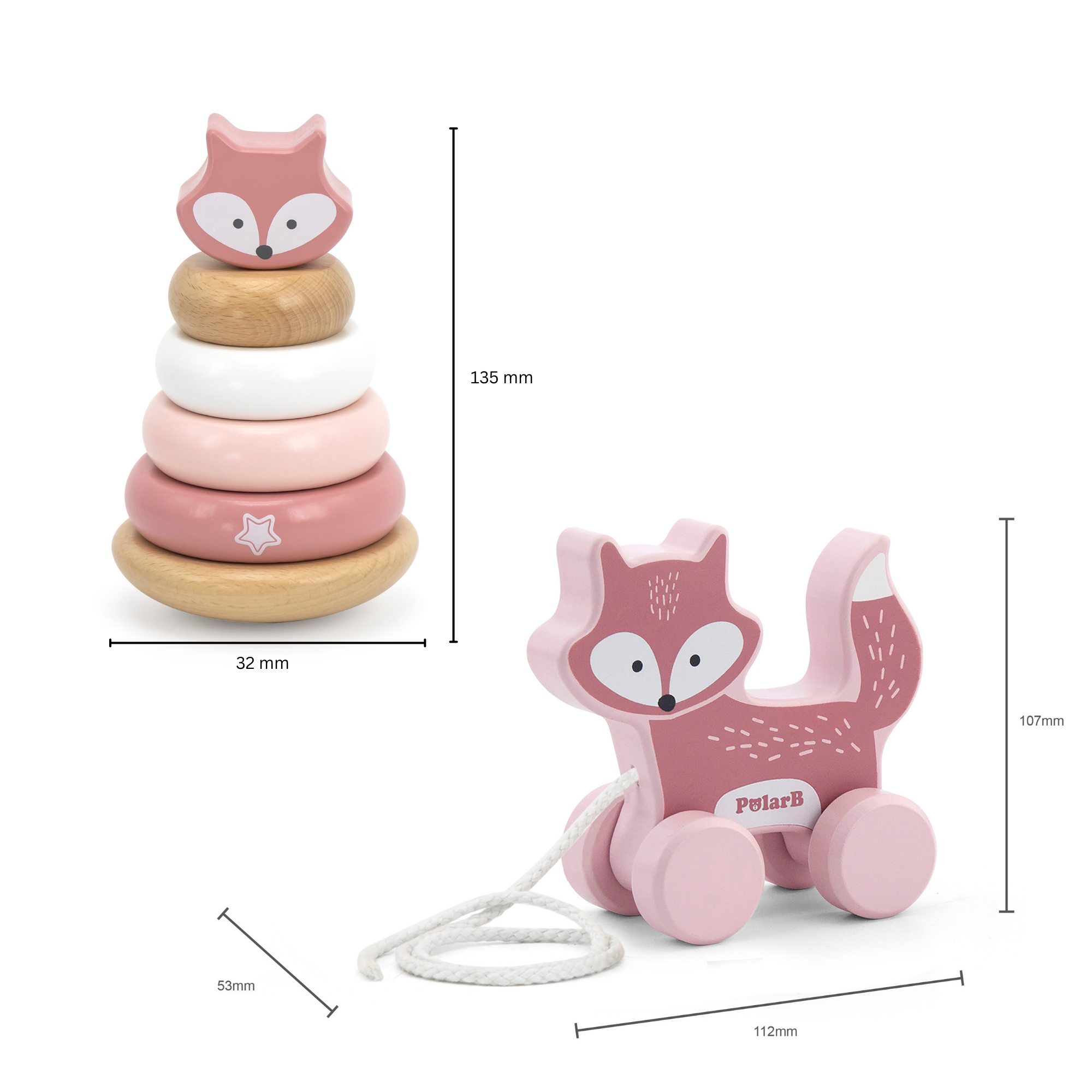 مجموعة ألعاب PolarB الخشبية على شكل ثعلب قابلة للسحب والتكديس، ألعاب تعليمية للأطفال الصغار للمشي والمهارات الحركية الدقيقة والتعرف على الألوان، للأعمار من 18 شهرًا فما فوق