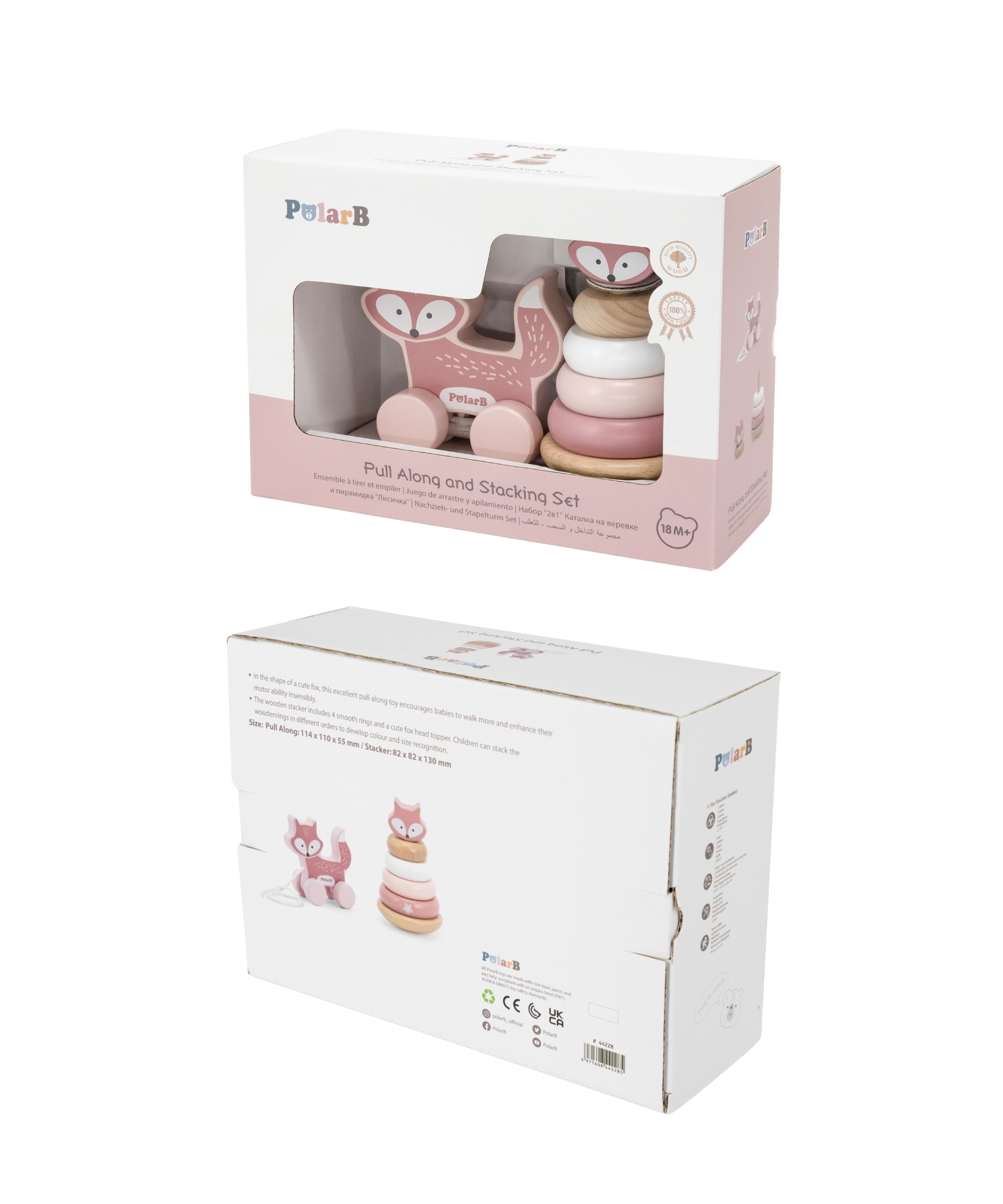 مجموعة ألعاب PolarB الخشبية على شكل ثعلب قابلة للسحب والتكديس، ألعاب تعليمية للأطفال الصغار للمشي والمهارات الحركية الدقيقة والتعرف على الألوان، للأعمار من 18 شهرًا فما فوق