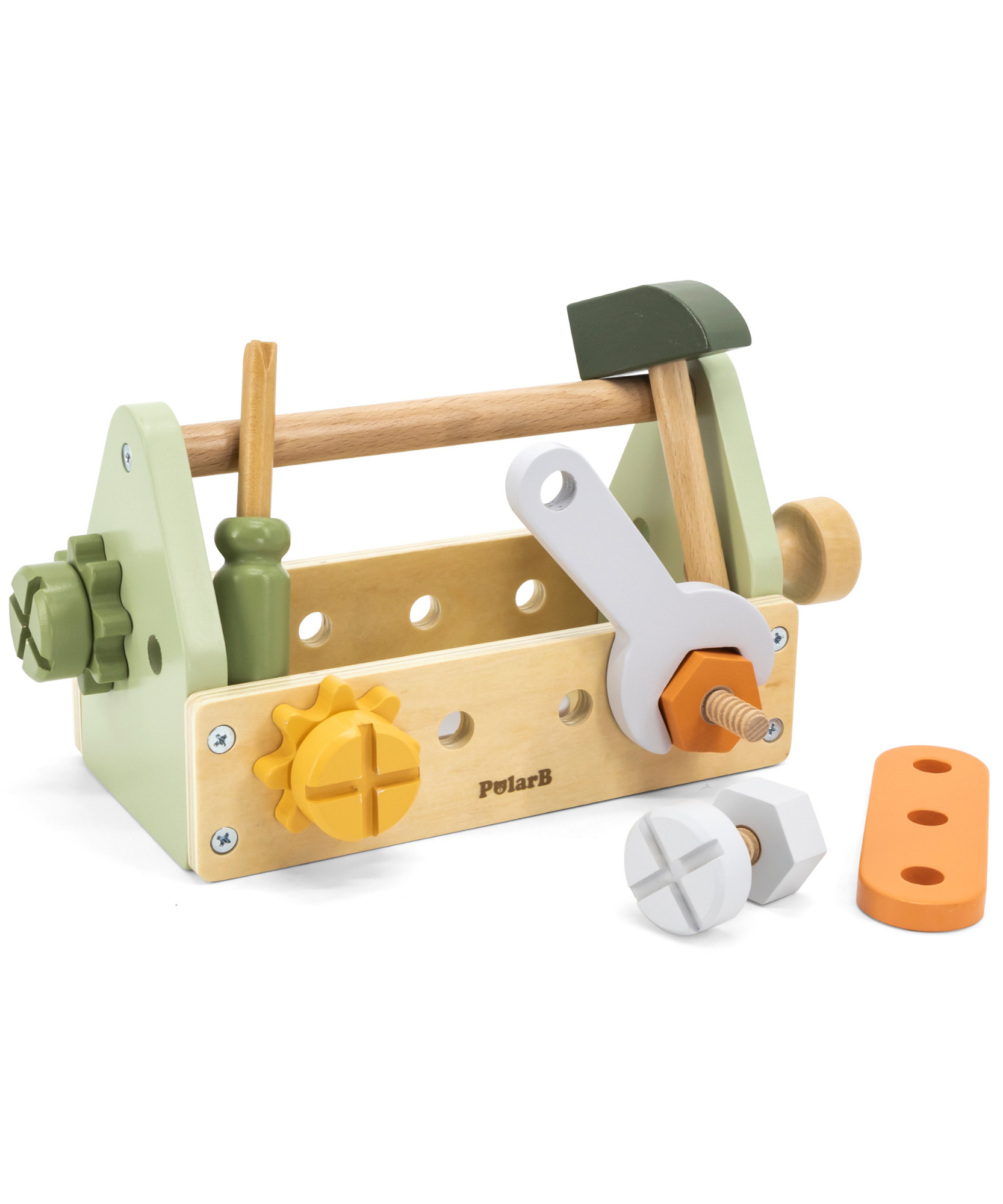 مجموعة صندوق أدوات خشبي من PolarB، مجموعة لعب الأدوار DIY مع مطرقة ومفتاح ربط ومفك براغي ومسامير وصواميل وتروس، لعبة تعليمية للأطفال الصغار، من سن 3 سنوات فما فوق