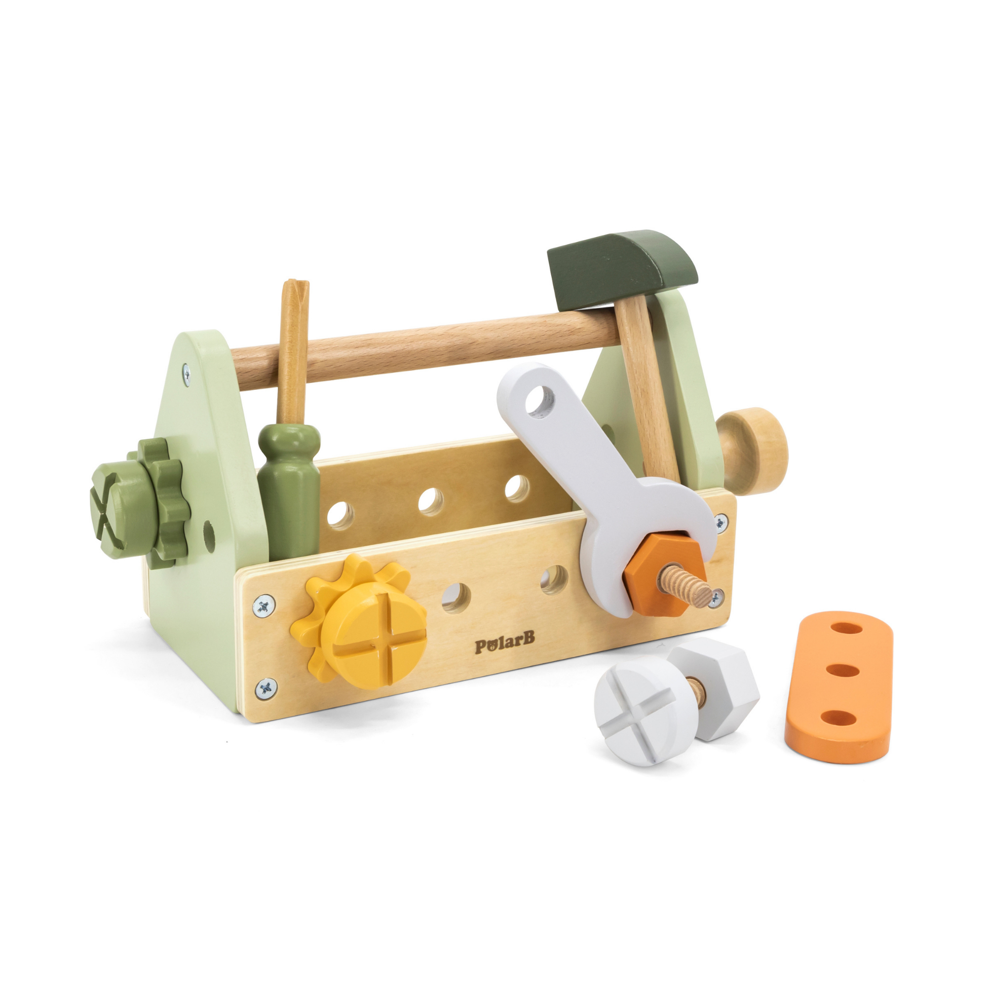 مجموعة صندوق أدوات خشبي من PolarB، مجموعة لعب الأدوار DIY مع مطرقة ومفتاح ربط ومفك براغي ومسامير وصواميل وتروس، لعبة تعليمية للأطفال الصغار، من سن 3 سنوات فما فوق