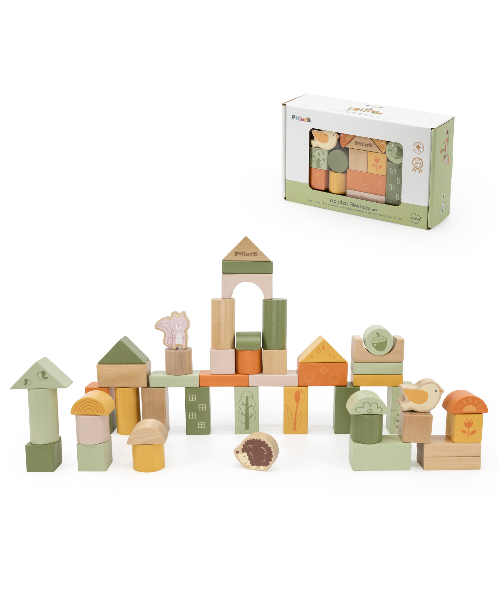 مجموعة مكعبات خشبية من PolarB، 50 قطعة، بتصميم غابة خضراء، لعبة بناء وتكديس صديقة للبيئة للأطفال الصغار، تتضمن حيوانات الغابة وأشكالها، لعبة تعليمية للأطفال من سن 12 شهرًا فما فوق
