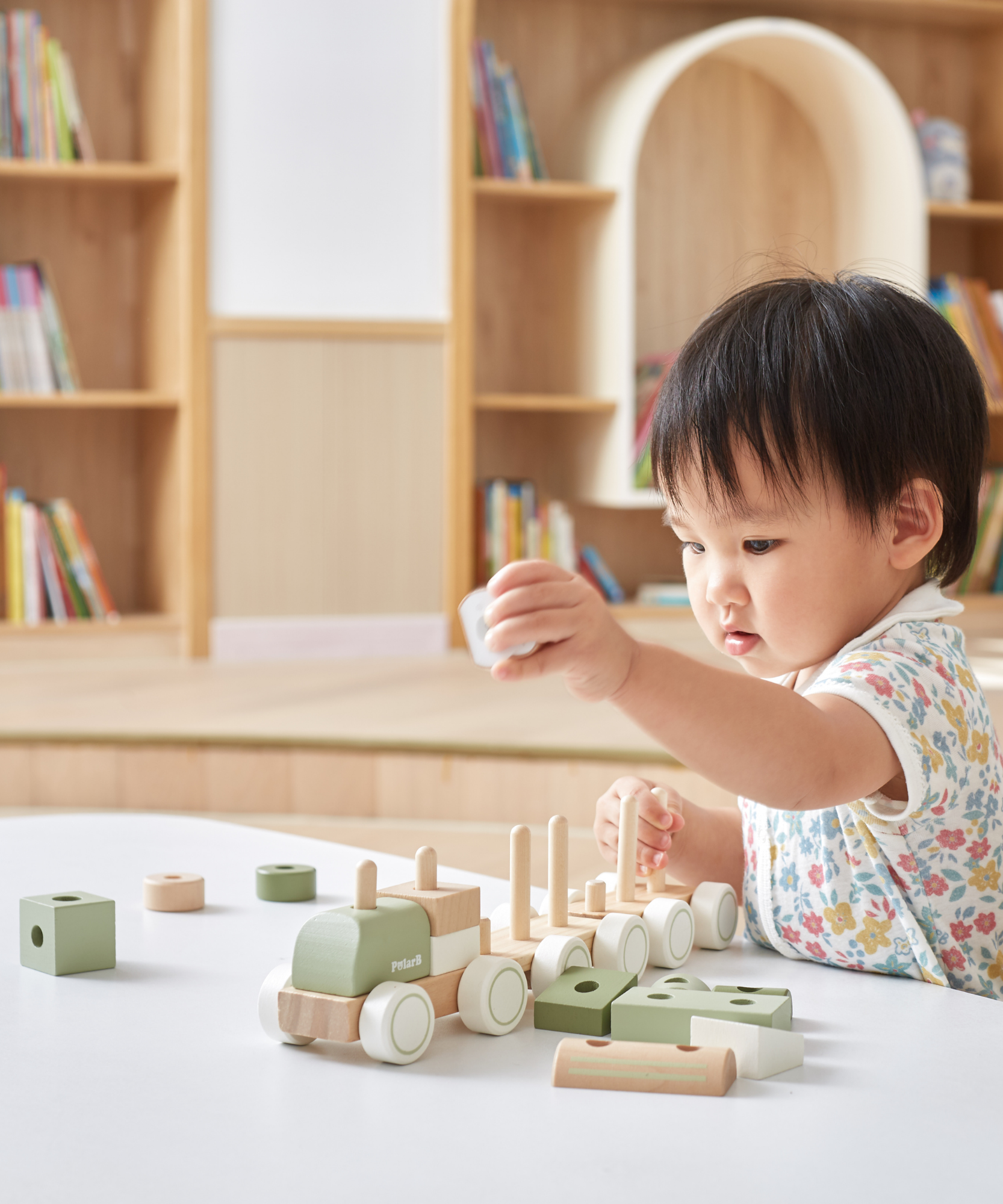 PolarB Wooden Stacking Train, Green, 2-in-1 Pull Toy and Shape Sorter, Educational Toy for Toddlers, Promotes Fine Motor Skills and Imaginative Play, Age 18 Months and Up