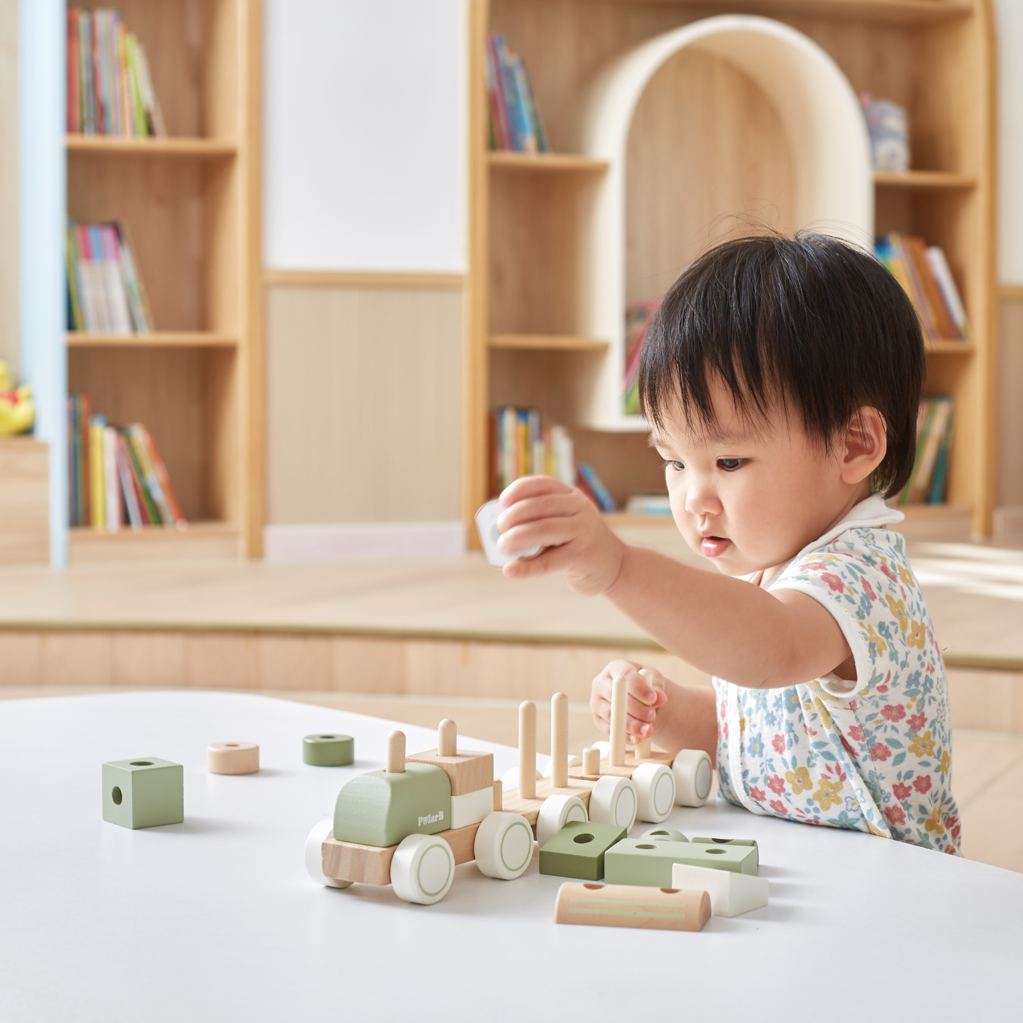 PolarB Wooden Stacking Train, Green, 2-in-1 Pull Toy and Shape Sorter, Educational Toy for Toddlers, Promotes Fine Motor Skills and Imaginative Play, Age 18 Months and Up