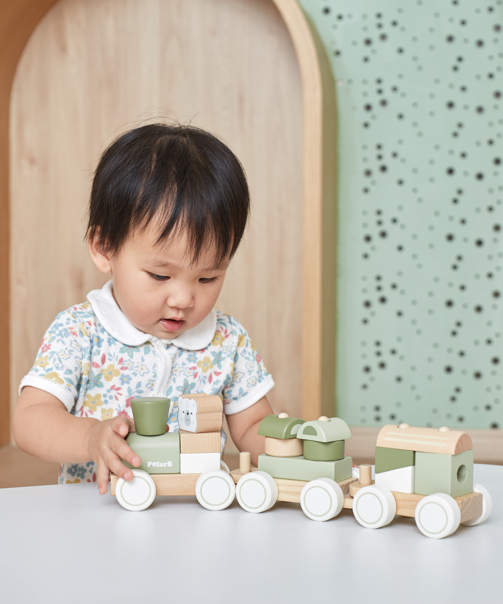 PolarB Wooden Stacking Train, Green, 2-in-1 Pull Toy and Shape Sorter, Educational Toy for Toddlers, Promotes Fine Motor Skills and Imaginative Play, Age 18 Months and Up