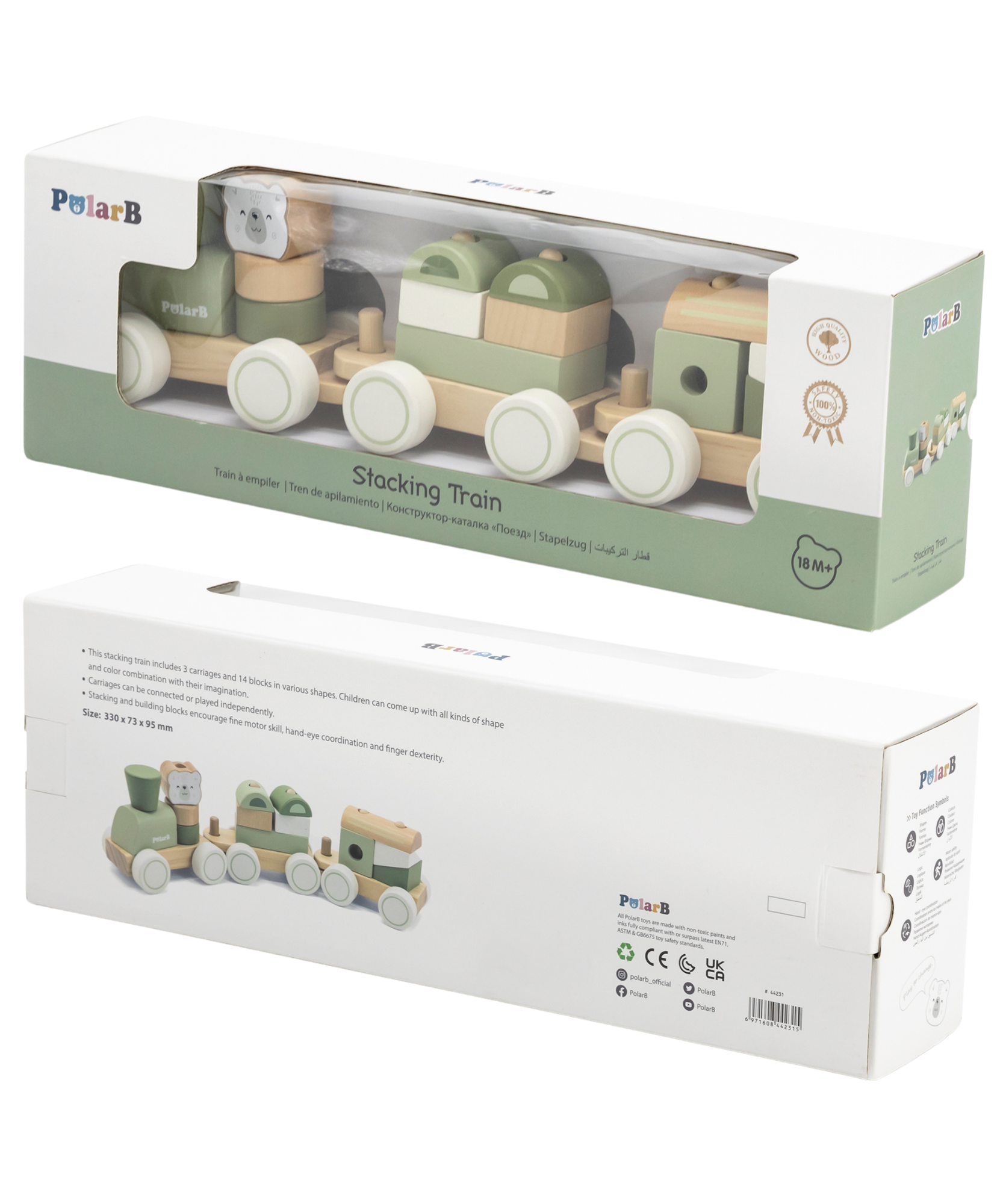 PolarB Wooden Stacking Train, Green, 2-in-1 Pull Toy and Shape Sorter, Educational Toy for Toddlers, Promotes Fine Motor Skills and Imaginative Play, Age 18 Months and Up