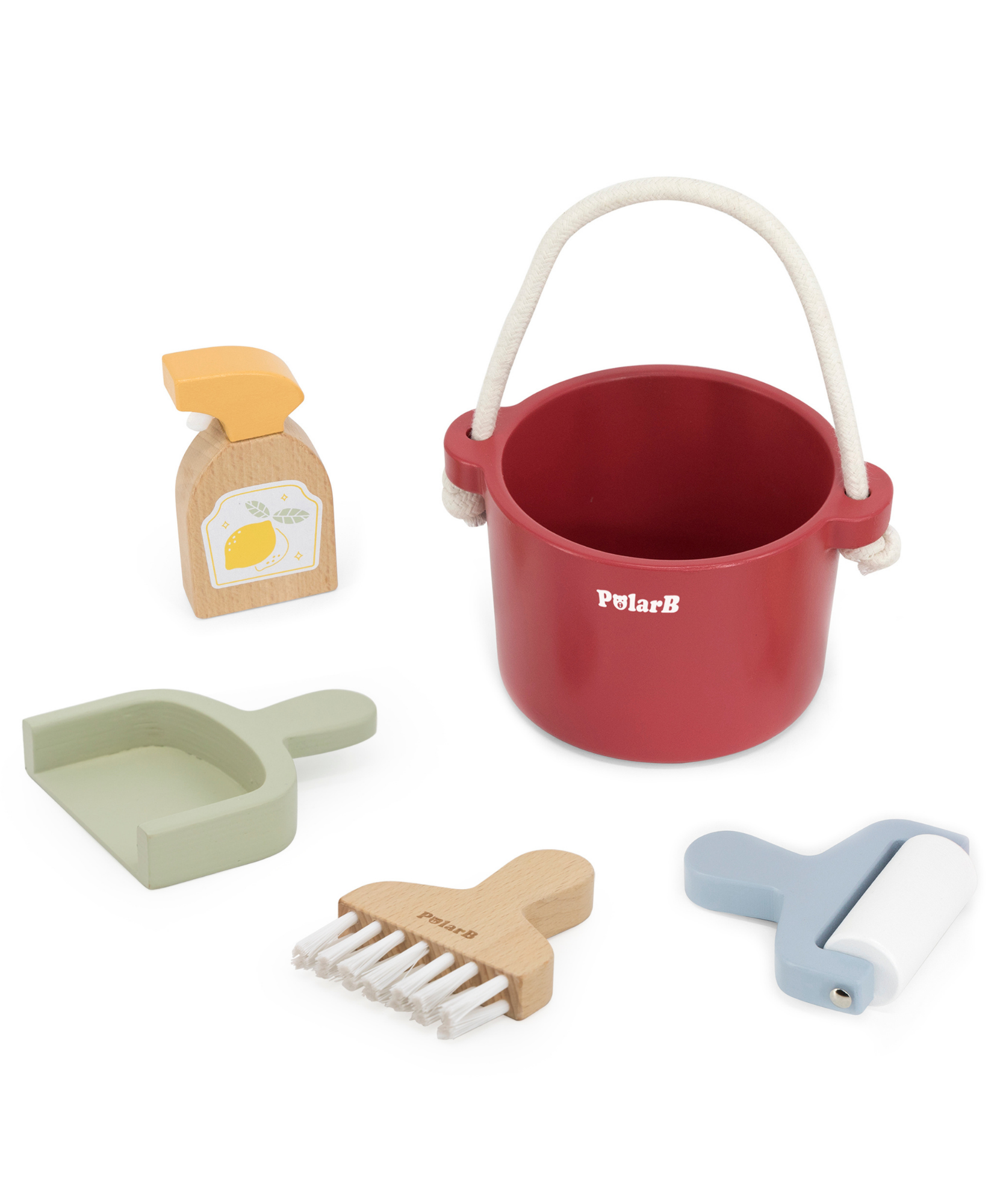 PolarB Wooden Cleaning Set for Kids, Realistic Pretend Play Cleaning Toys with Bucket, Brush, Dustpan, Montessori Toy for Children Ages 3 and Up