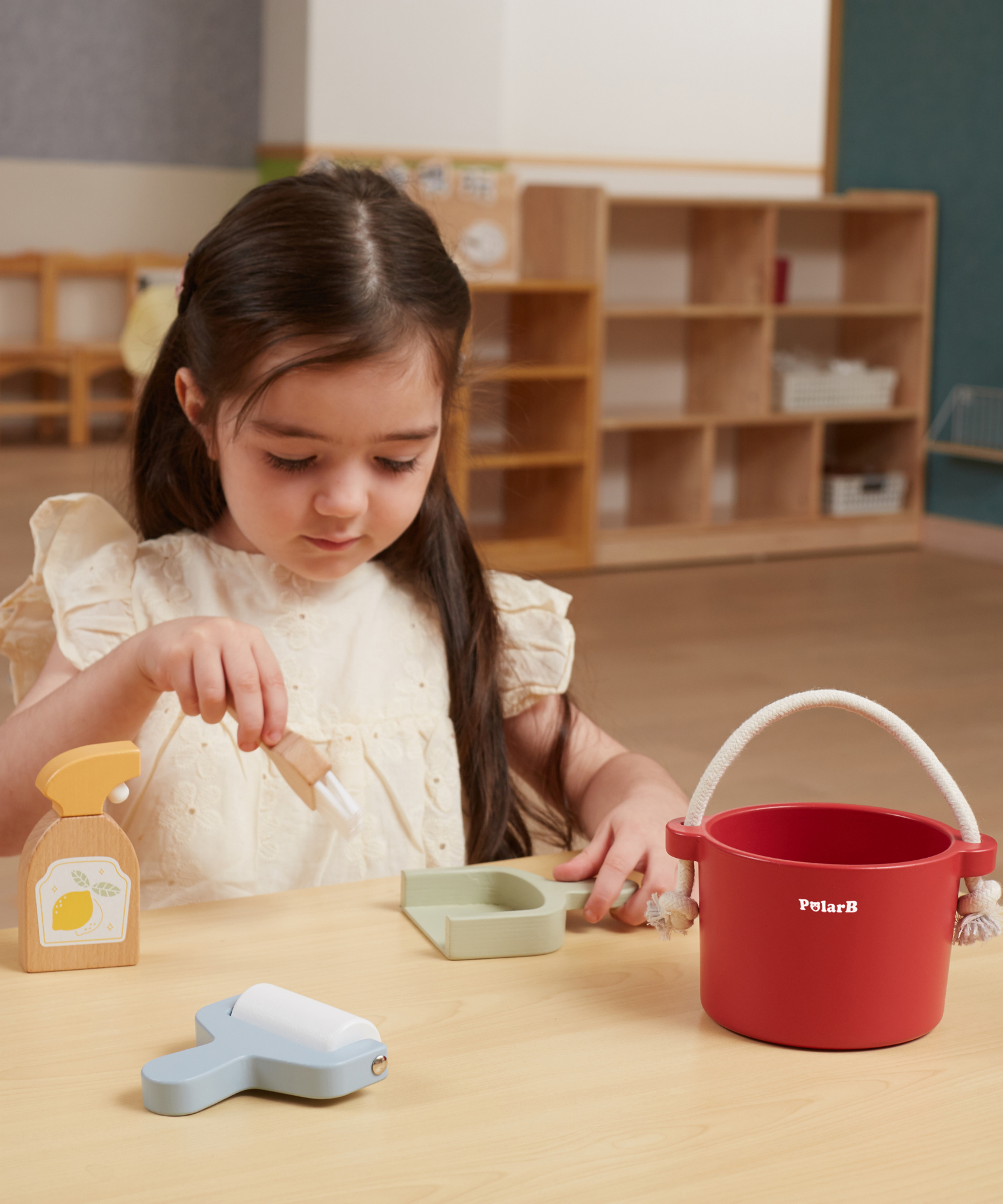 PolarB Wooden Cleaning Set for Kids, Realistic Pretend Play Cleaning Toys with Bucket, Brush, Dustpan, Montessori Toy for Children Ages 3 and Up
