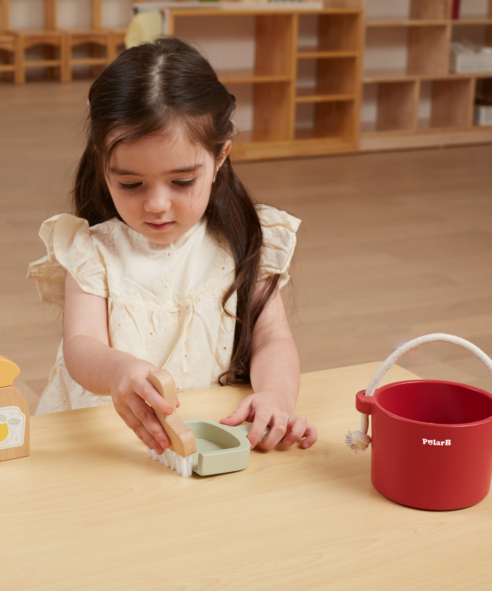 PolarB Wooden Cleaning Set for Kids, Realistic Pretend Play Cleaning Toys with Bucket, Brush, Dustpan, Montessori Toy for Children Ages 3 and Up