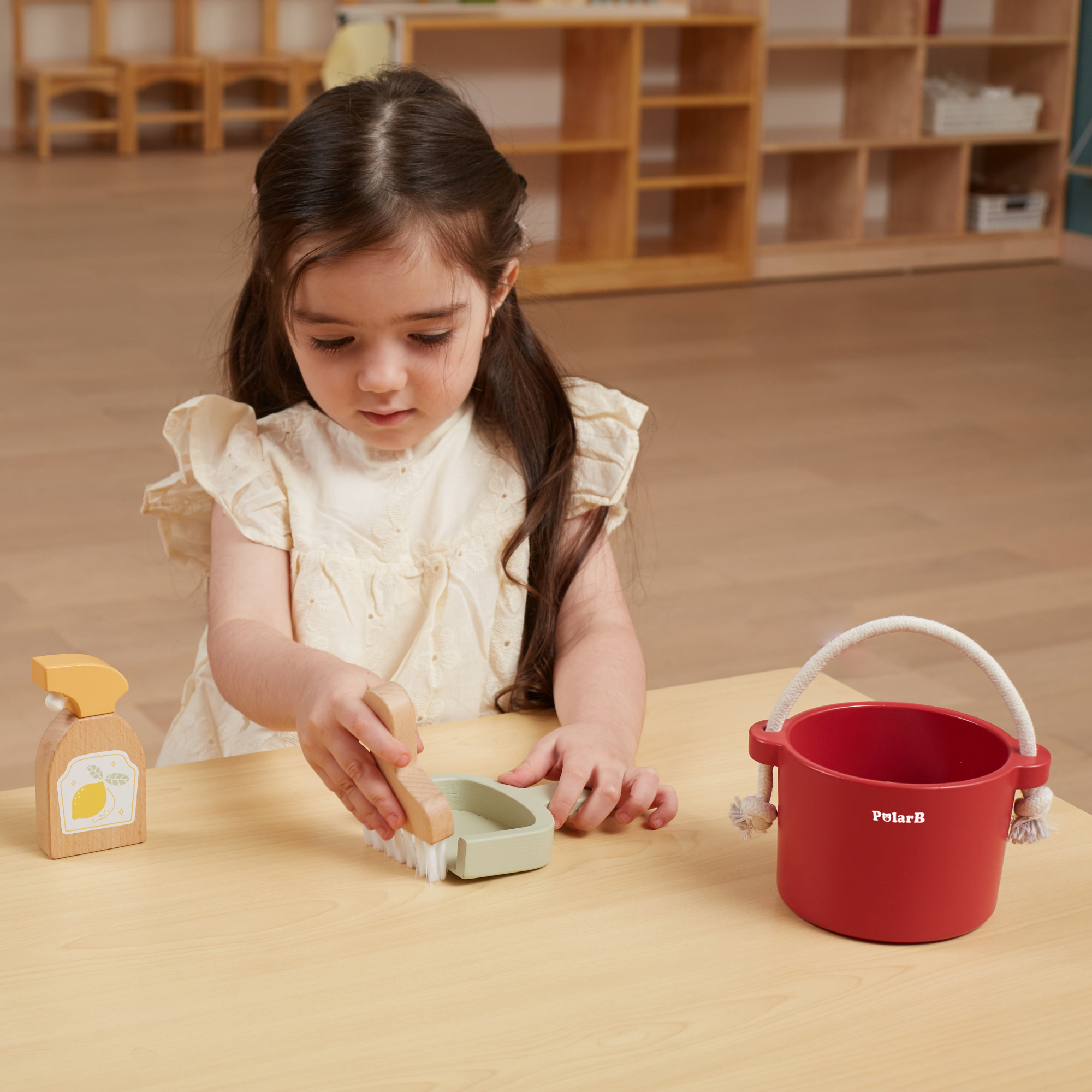 PolarB Wooden Cleaning Set for Kids, Realistic Pretend Play Cleaning Toys with Bucket, Brush, Dustpan, Montessori Toy for Children Ages 3 and Up