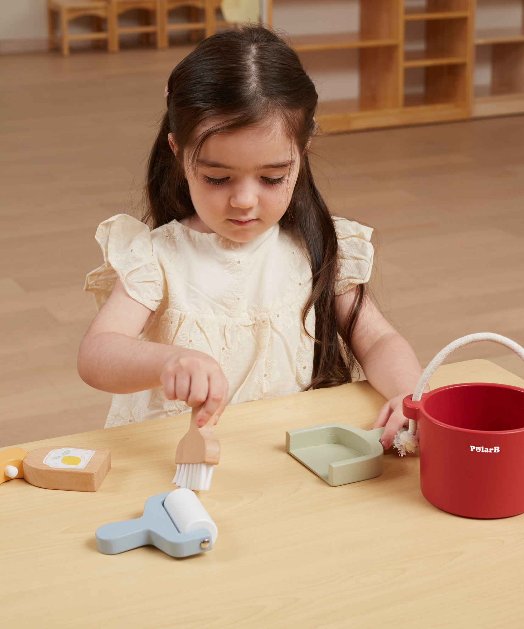 PolarB Wooden Cleaning Set for Kids, Realistic Pretend Play Cleaning Toys with Bucket, Brush, Dustpan, Montessori Toy for Children Ages 3 and Up