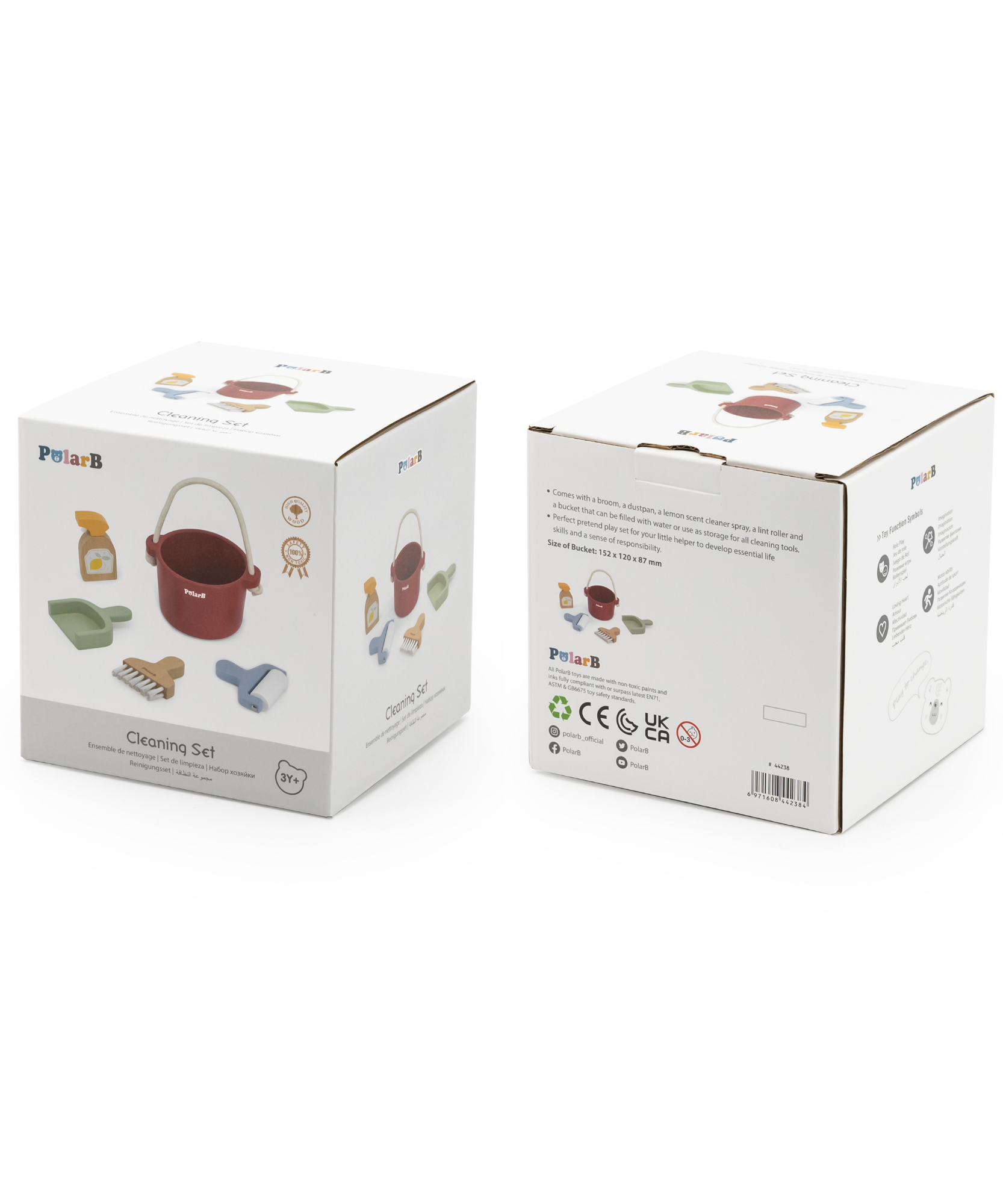 PolarB Wooden Cleaning Set for Kids, Realistic Pretend Play Cleaning Toys with Bucket, Brush, Dustpan, Montessori Toy for Children Ages 3 and Up