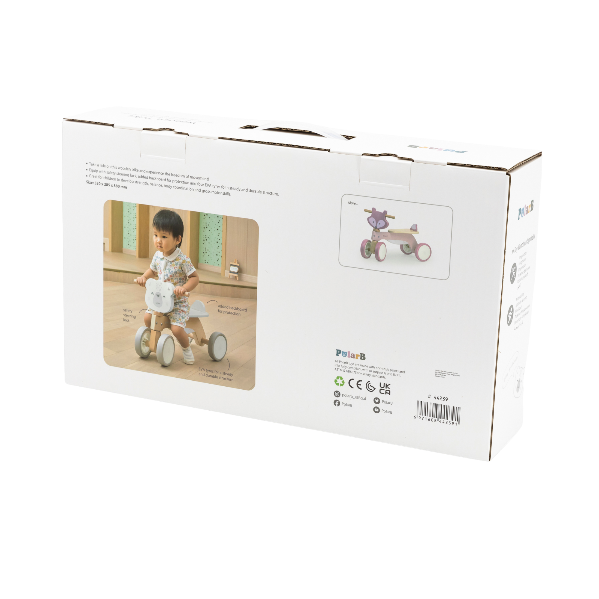 دراجة بولار بي ثلاثية العجلات خشبية للأطفال الصغار، دراجة ثلاثية العجلات خشبية صديقة للبيئة على شكل دب مع قفل توجيه وعجلات من مادة إي في إيه، لعبة ركوب لتنمية المهارات الحركية للأعمار من 12 شهرًا فما فوق