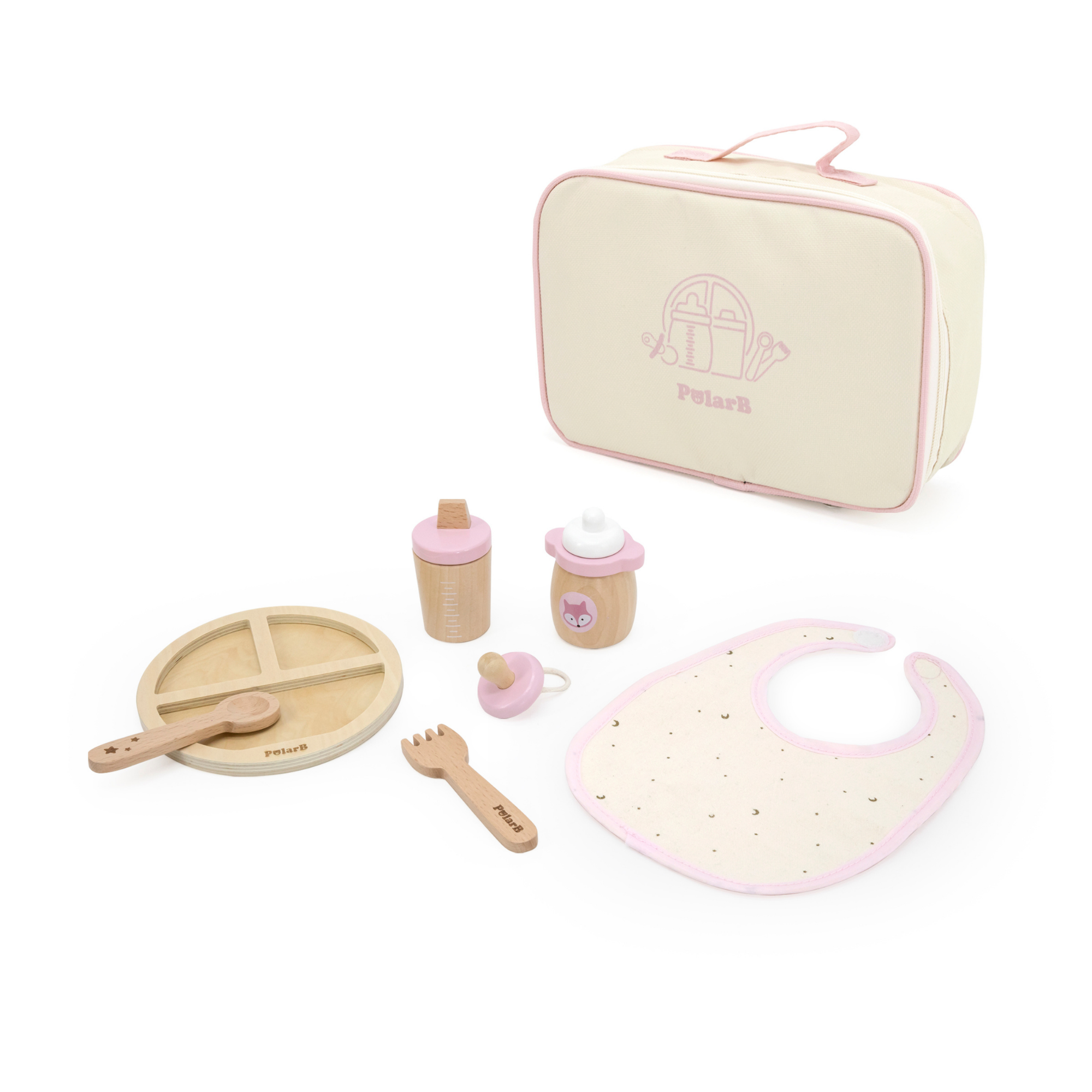 مجموعة تغذية الدمى الخشبية من PolarB للأطفال، مجموعة لعب تظاهري من 8 قطع مع حقيبة، تشجع على التعاطف واللعب الخيالي والمهارات الاجتماعية، للأعمار من 3 سنوات فما فوق