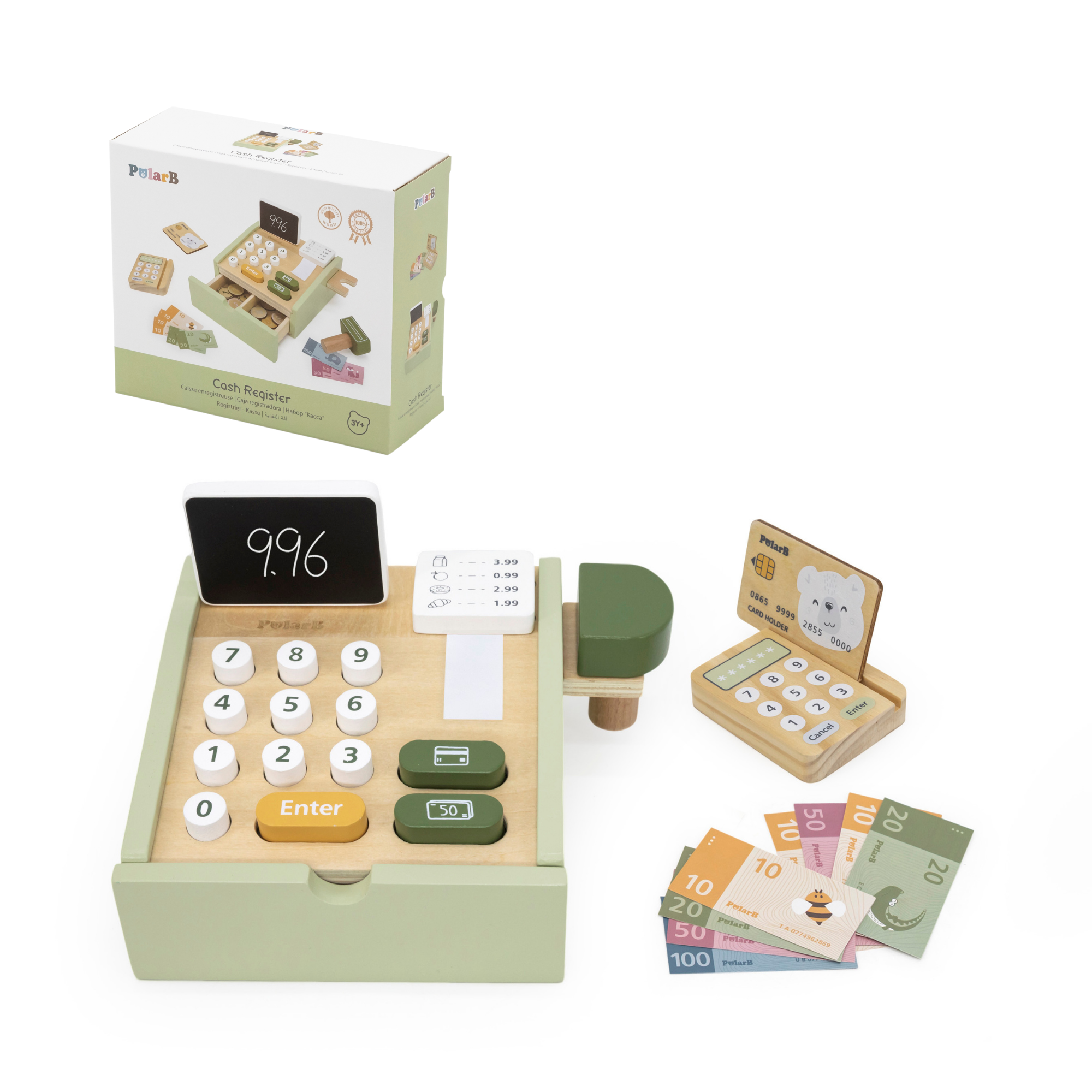 لعبة تسجيل نقدي خشبية من PolarB للأطفال، مجموعة دفع تظاهرية مع ماسح ضوئي وبطاقة ائتمان وعملات معدنية ولفة إيصال، لعبة تعليمية للعب الأدوار للأعمار من 3 سنوات فما فوق