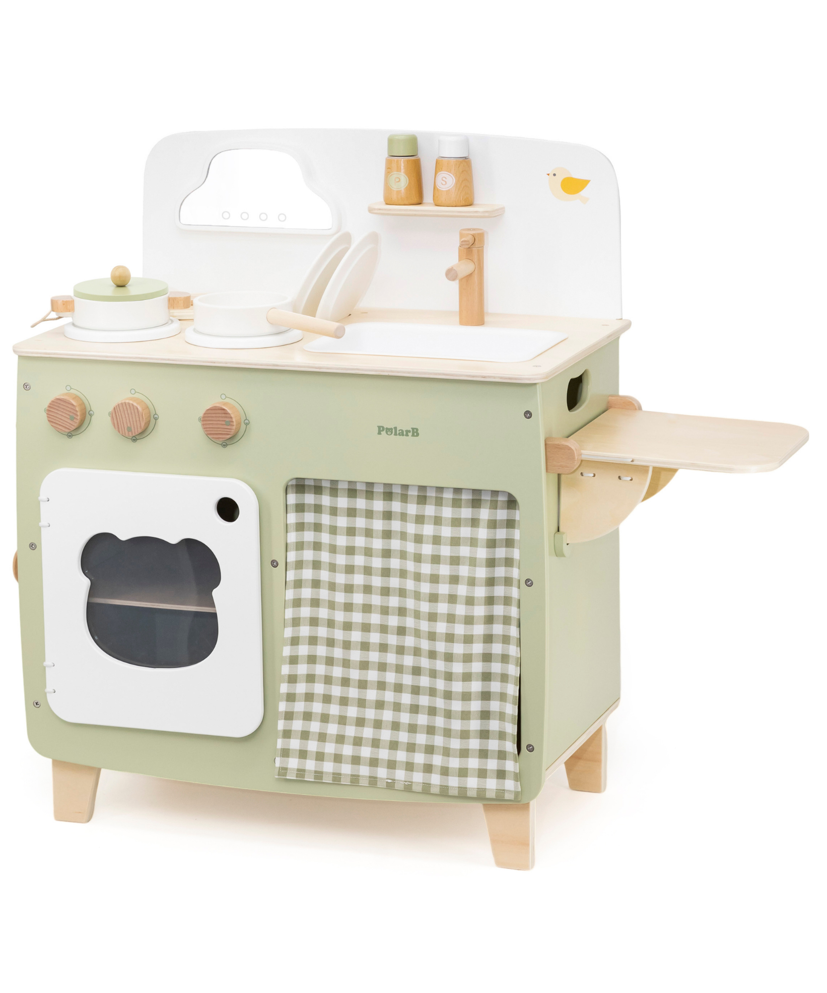مجموعة مطبخ اللعب الخشبية PolarB للأطفال، لعبة طبخ تظاهرية مع موقد وحوض وفرن وأواني وأواني وطاولة جانبية قابلة للطي، تشجع اللعب الإبداعي والخيالي للأطفال الصغار