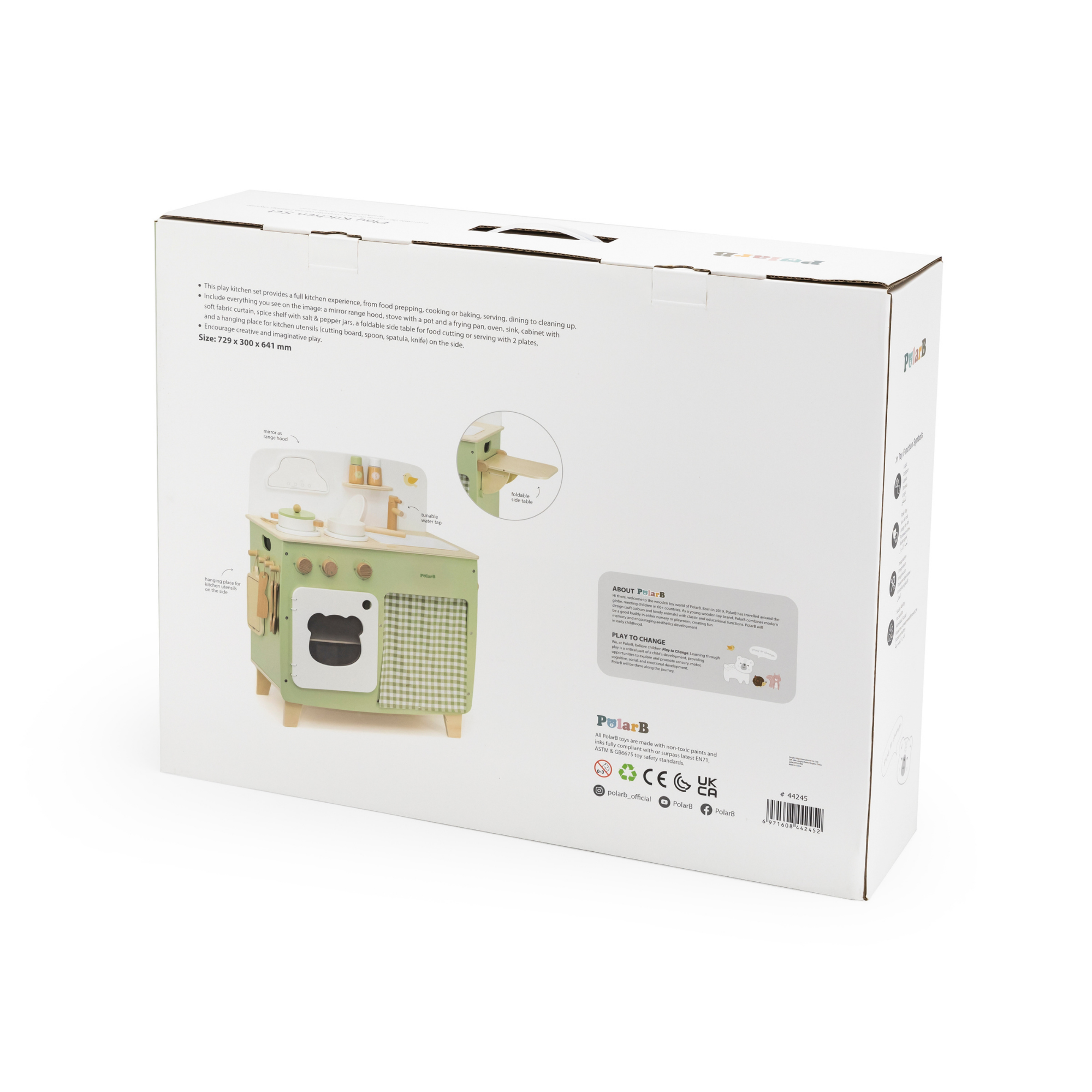 مجموعة مطبخ اللعب الخشبية PolarB للأطفال، لعبة طبخ تظاهرية مع موقد وحوض وفرن وأواني وأواني وطاولة جانبية قابلة للطي، تشجع اللعب الإبداعي والخيالي للأطفال الصغار