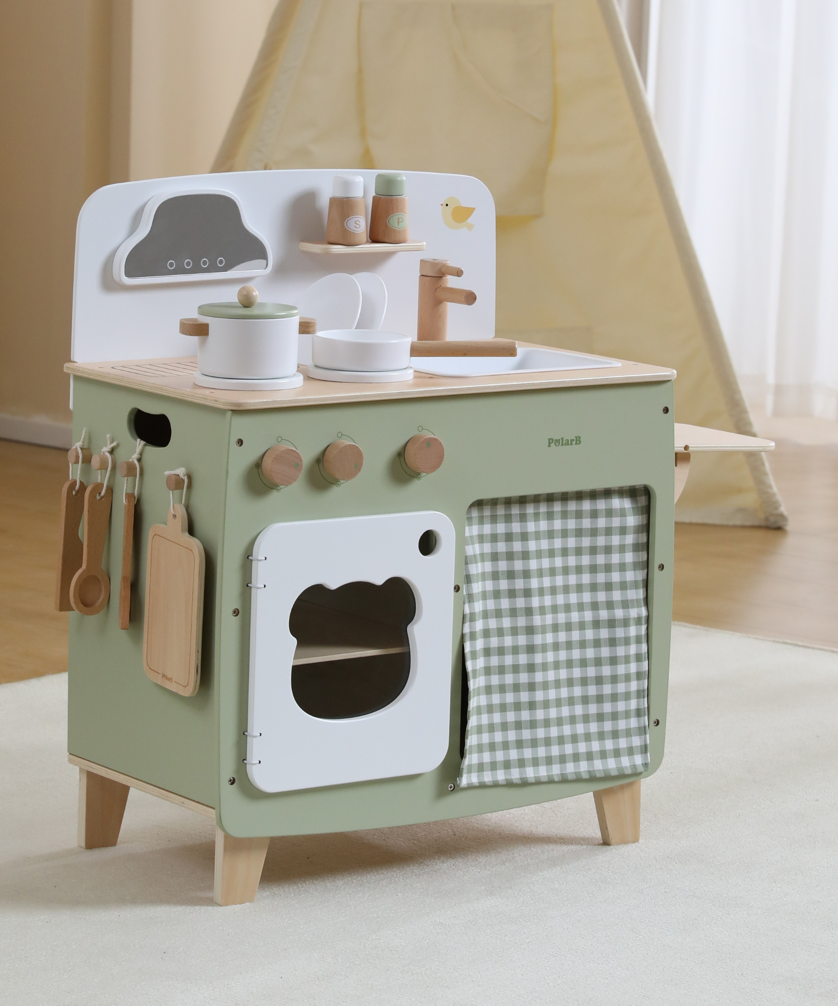 مجموعة مطبخ اللعب الخشبية PolarB للأطفال، لعبة طبخ تظاهرية مع موقد وحوض وفرن وأواني وأواني وطاولة جانبية قابلة للطي، تشجع اللعب الإبداعي والخيالي للأطفال الصغار