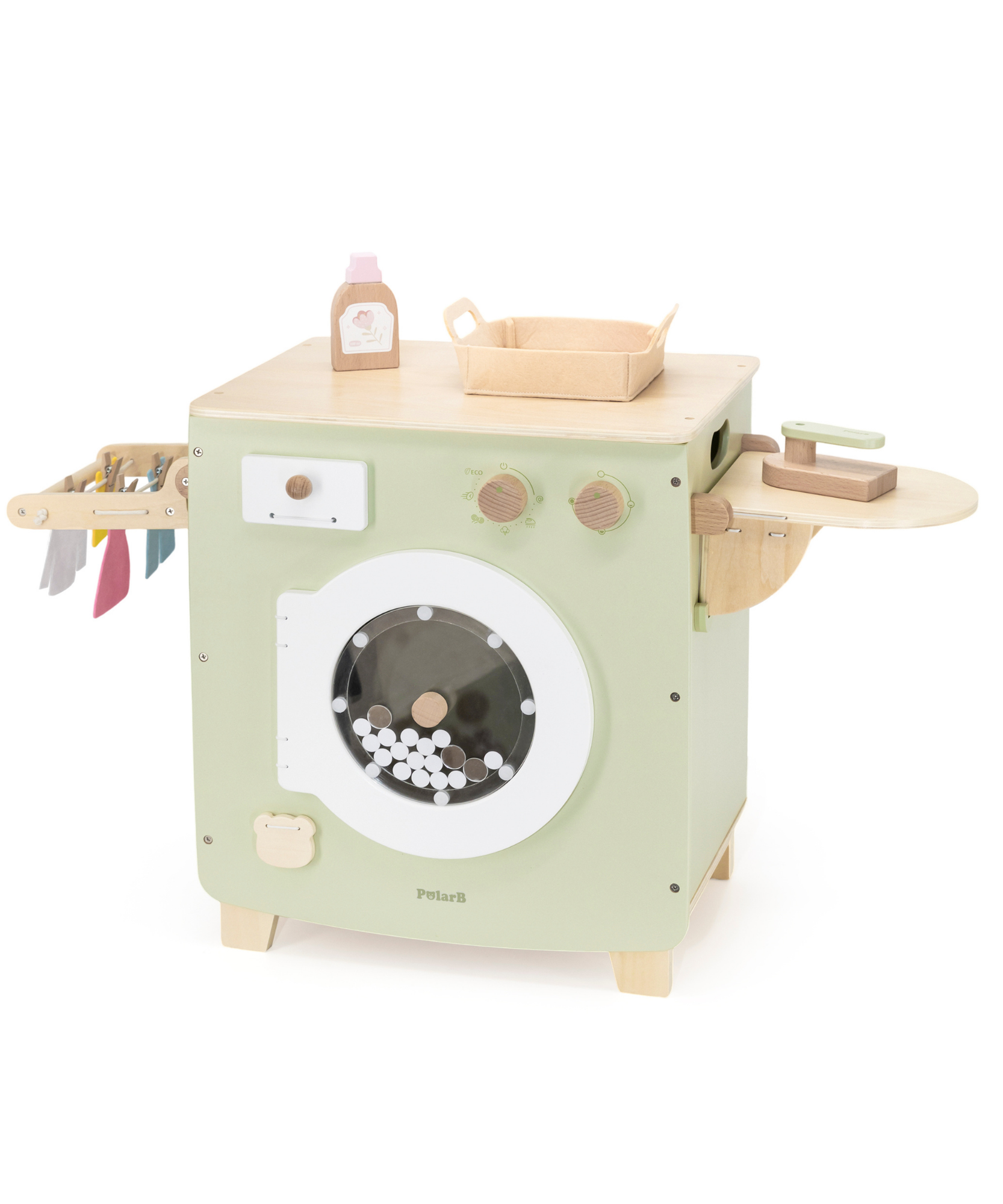 PolarB Wooden Washing Machine Play Set for Kids, Pretend Laundry Toy with Iron, Detergent, Basket, Clothes and Clips, Realistic Role Play for Toddlers and Children