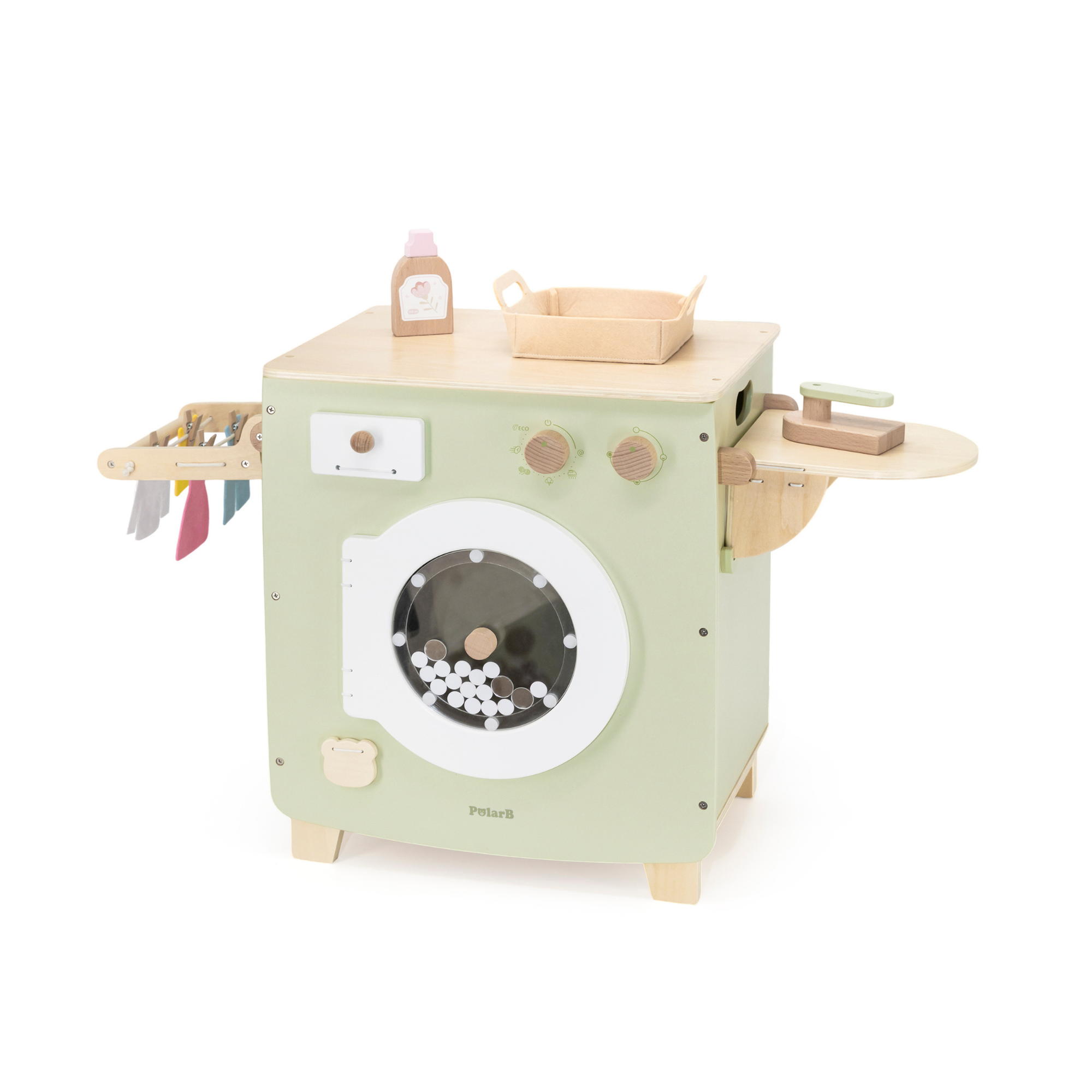 مجموعة ألعاب غسالة الملابس الخشبية من بولار بي للأطفال، لعبة غسيل تظاهرية مع مكواة ومنظف وسلة وملابس ومشابك، لعبة لعب أدوار واقعية للأطفال الصغار والأطفال
