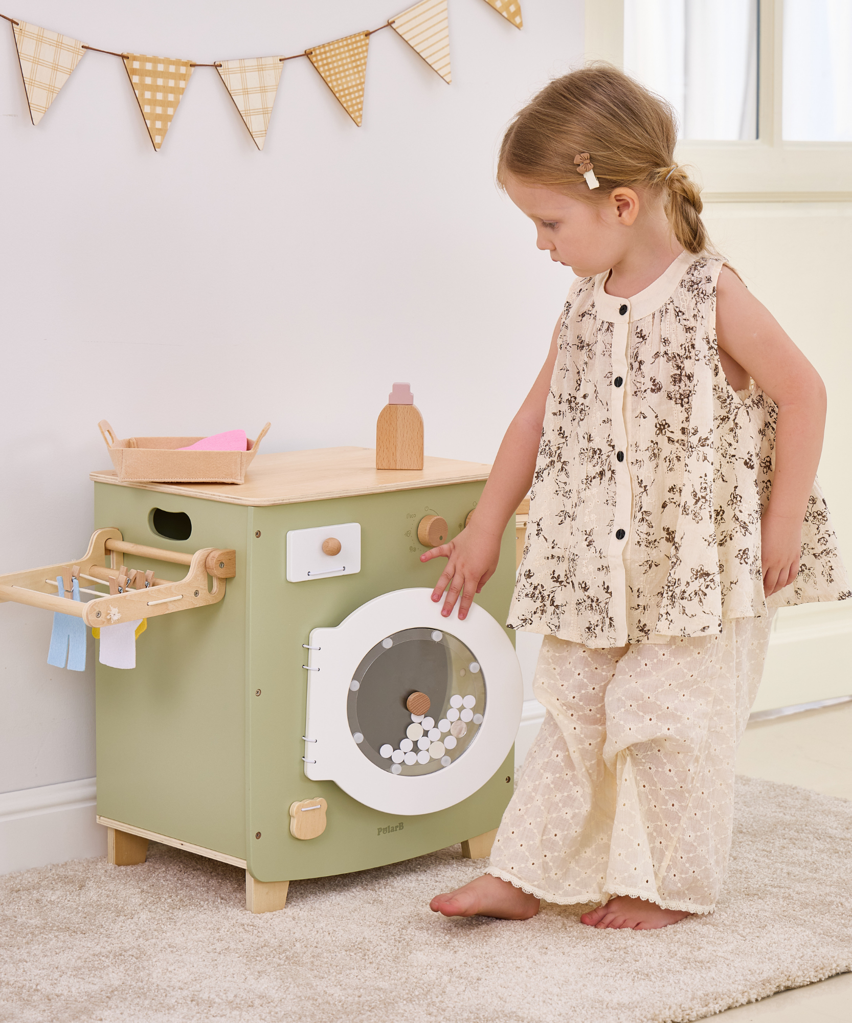 PolarB Wooden Washing Machine Play Set for Kids, Pretend Laundry Toy with Iron, Detergent, Basket, Clothes and Clips, Realistic Role Play for Toddlers and Children