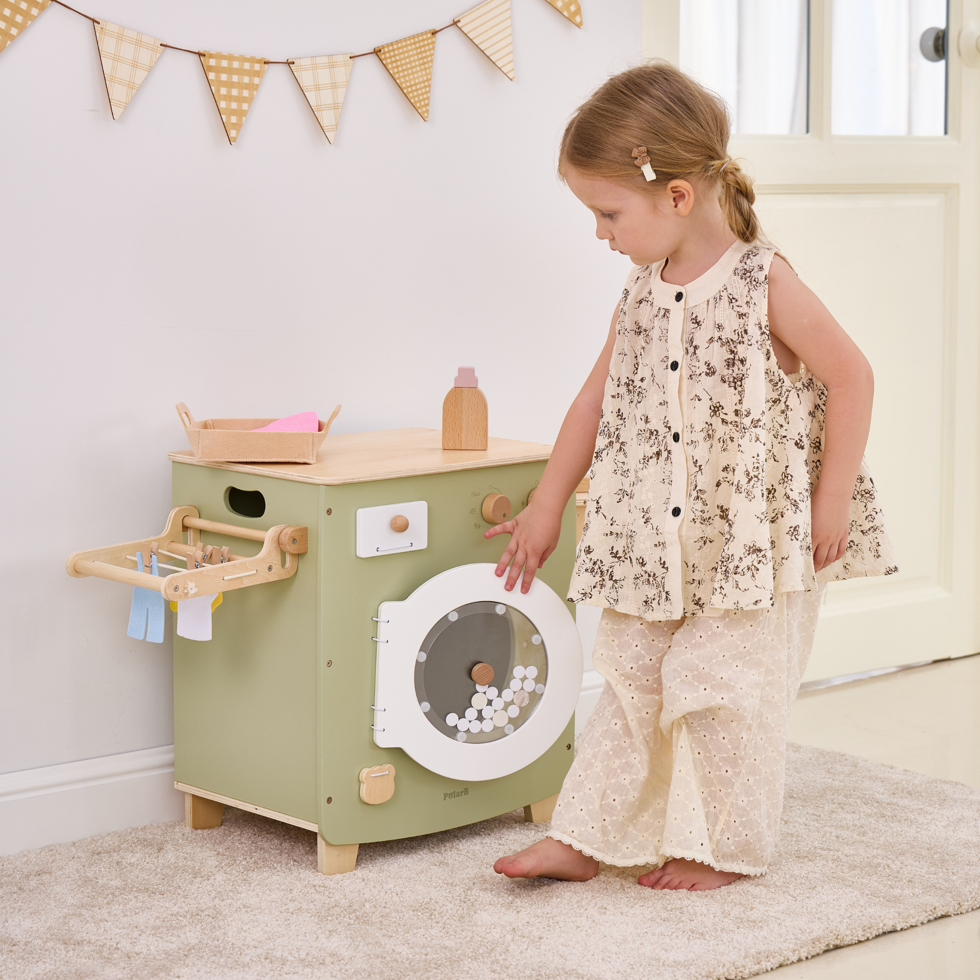 PolarB Wooden Washing Machine Play Set for Kids, Pretend Laundry Toy with Iron, Detergent, Basket, Clothes and Clips, Realistic Role Play for Toddlers and Children