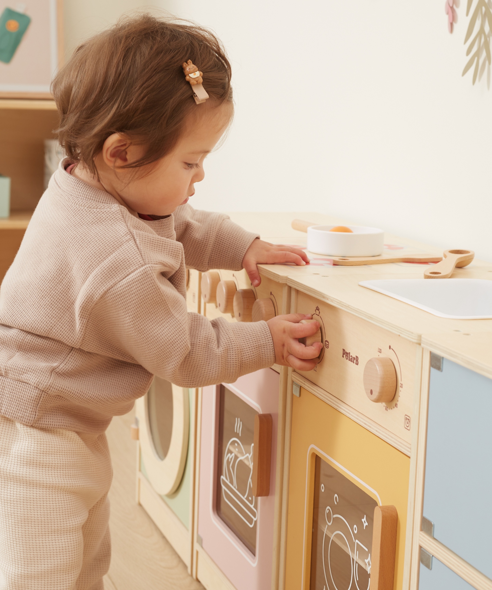 PolarB Wooden Kitchen Set for Toddlers with Fridge, Oven, Sink, and Washing Machine, Realistic Play Kitchen for Ages 18 Months and Up, Encourages Imaginative and Social Play