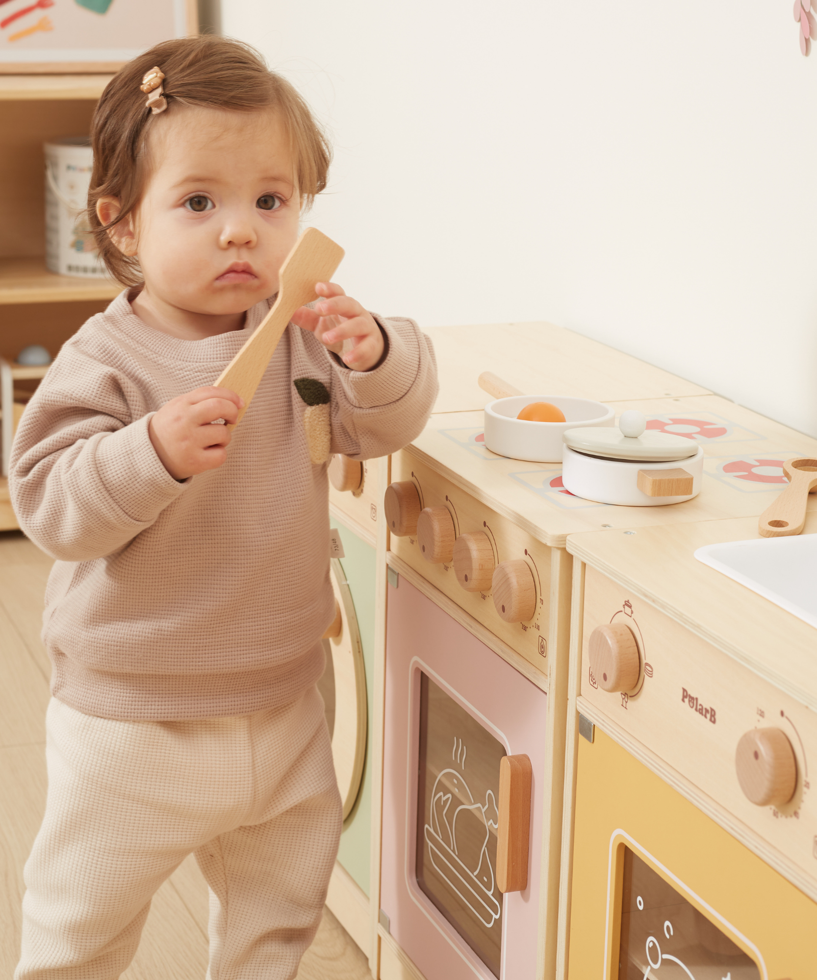 PolarB Wooden Kitchen Set for Toddlers with Fridge, Oven, Sink, and Washing Machine, Realistic Play Kitchen for Ages 18 Months and Up, Encourages Imaginative and Social Play