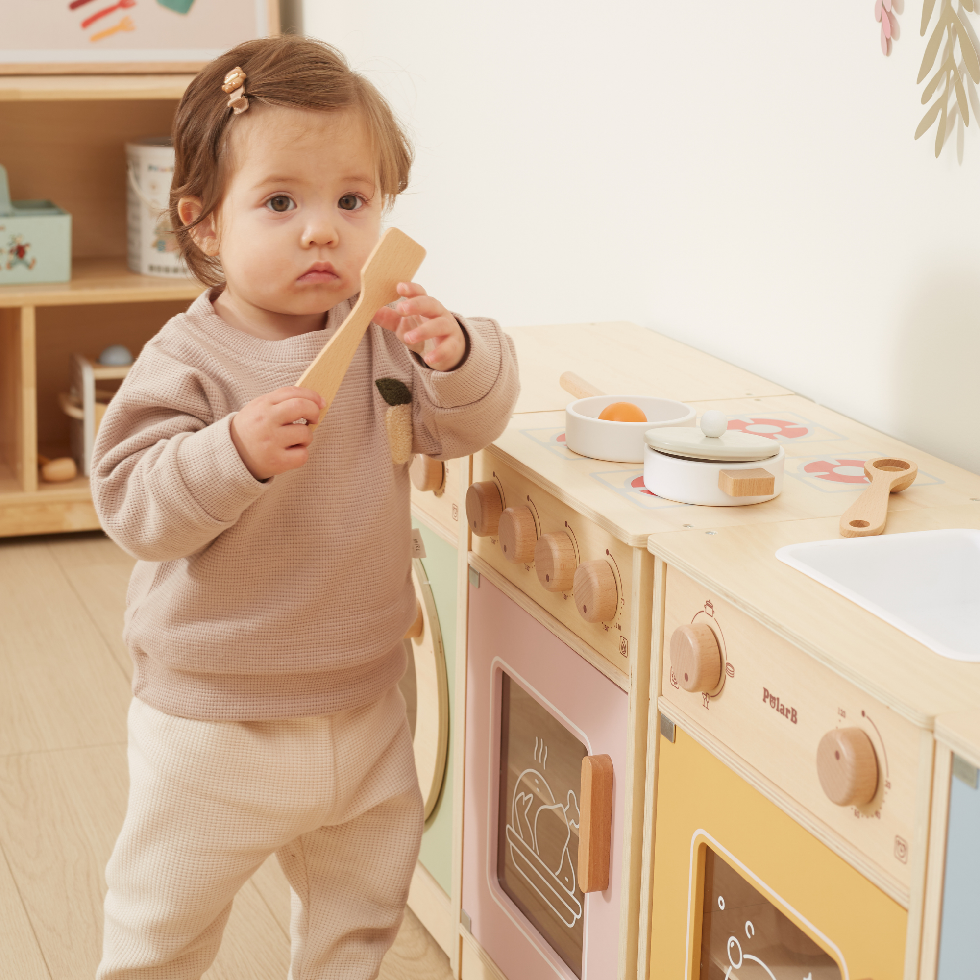 PolarB Wooden Kitchen Set for Toddlers with Fridge, Oven, Sink, and Washing Machine, Realistic Play Kitchen for Ages 18 Months and Up, Encourages Imaginative and Social Play