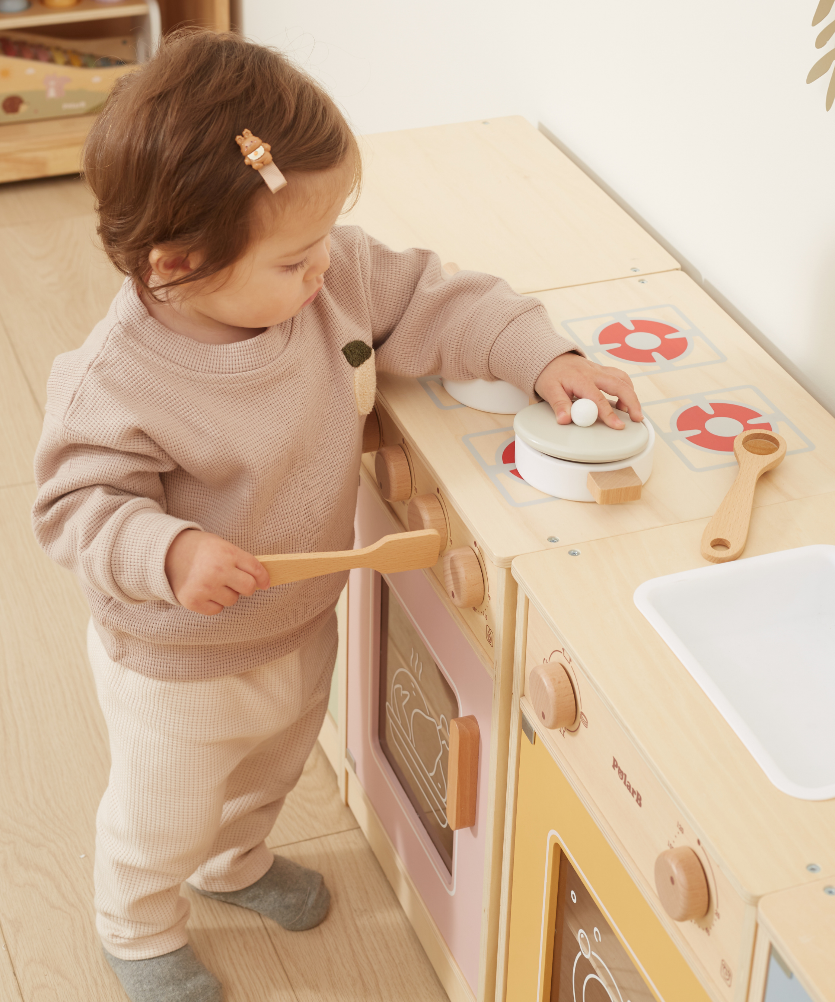PolarB Wooden Kitchen Set for Toddlers with Fridge, Oven, Sink, and Washing Machine, Realistic Play Kitchen for Ages 18 Months and Up, Encourages Imaginative and Social Play