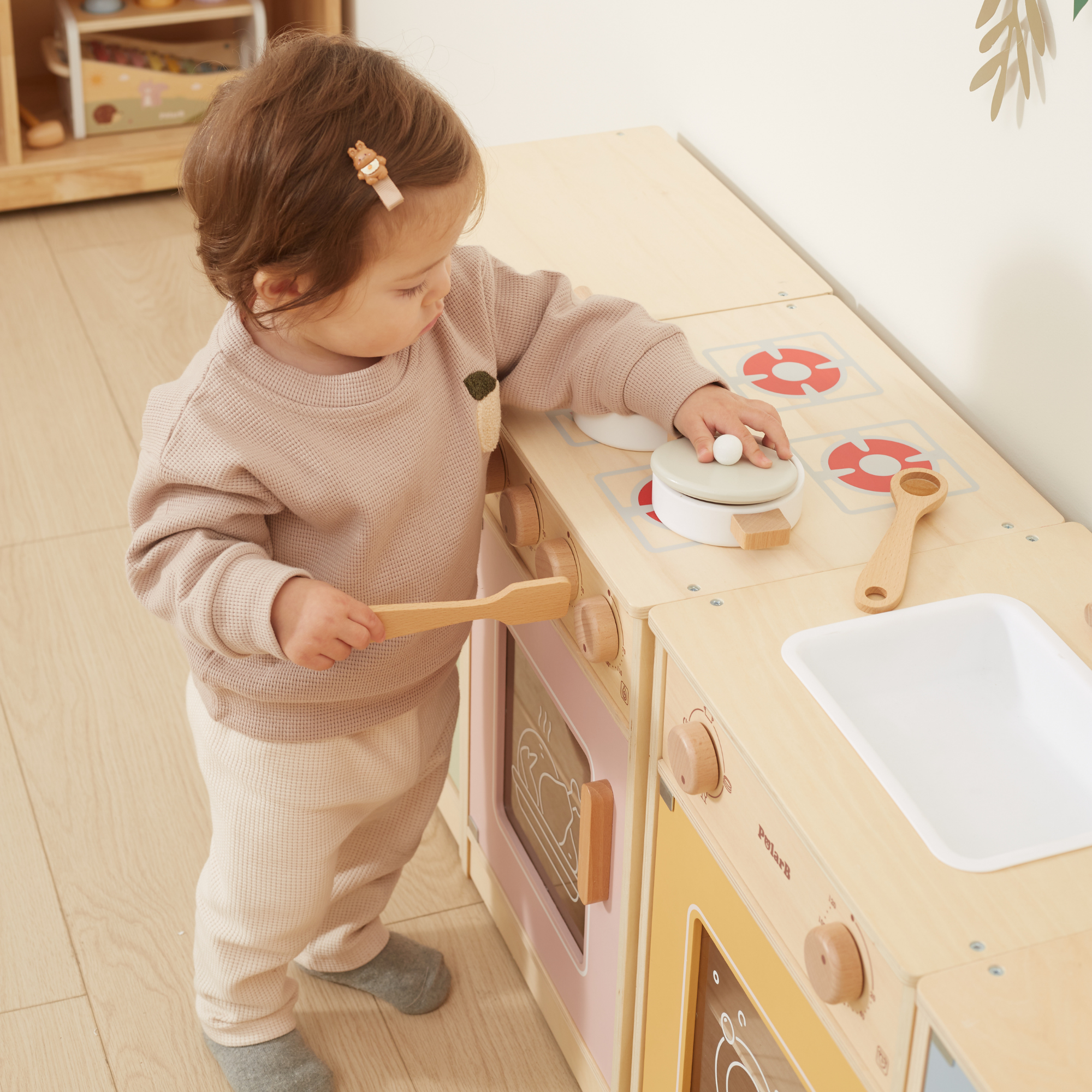 PolarB Wooden Kitchen Set for Toddlers with Fridge, Oven, Sink, and Washing Machine, Realistic Play Kitchen for Ages 18 Months and Up, Encourages Imaginative and Social Play