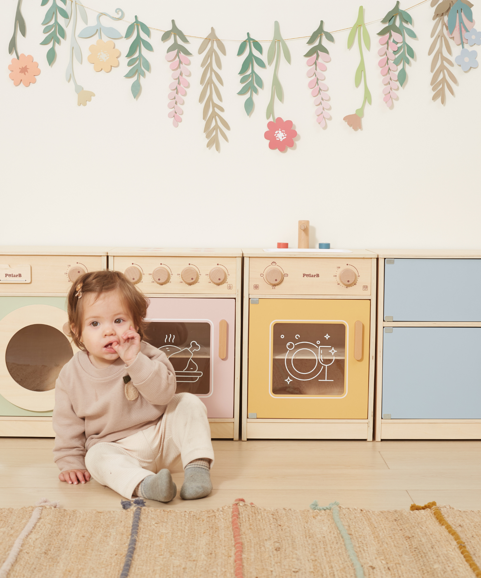PolarB Wooden Kitchen Set for Toddlers with Fridge, Oven, Sink, and Washing Machine, Realistic Play Kitchen for Ages 18 Months and Up, Encourages Imaginative and Social Play