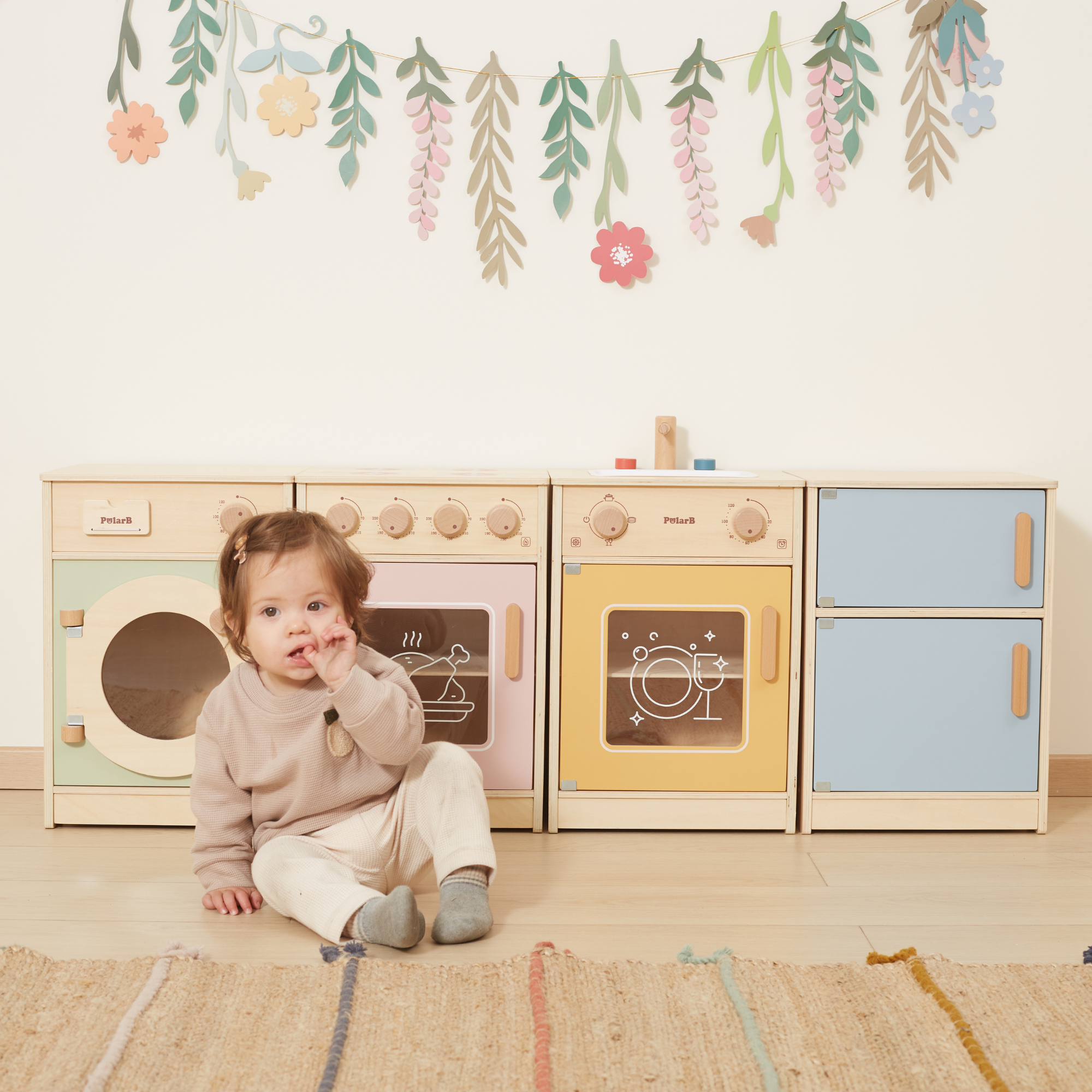 PolarB Wooden Kitchen Set for Toddlers with Fridge, Oven, Sink, and Washing Machine, Realistic Play Kitchen for Ages 18 Months and Up, Encourages Imaginative and Social Play