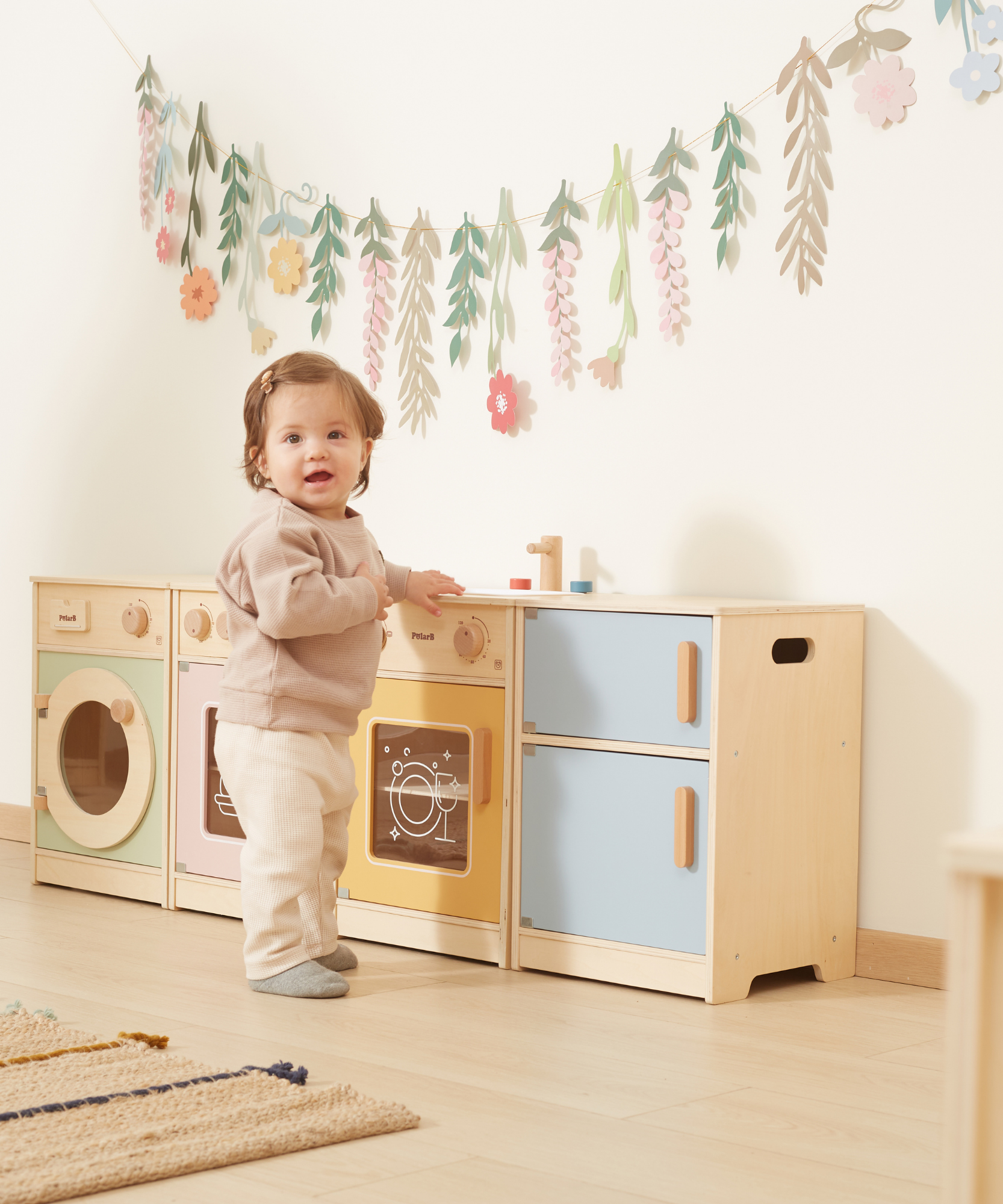PolarB Wooden Kitchen Set for Toddlers with Fridge, Oven, Sink, and Washing Machine, Realistic Play Kitchen for Ages 18 Months and Up, Encourages Imaginative and Social Play