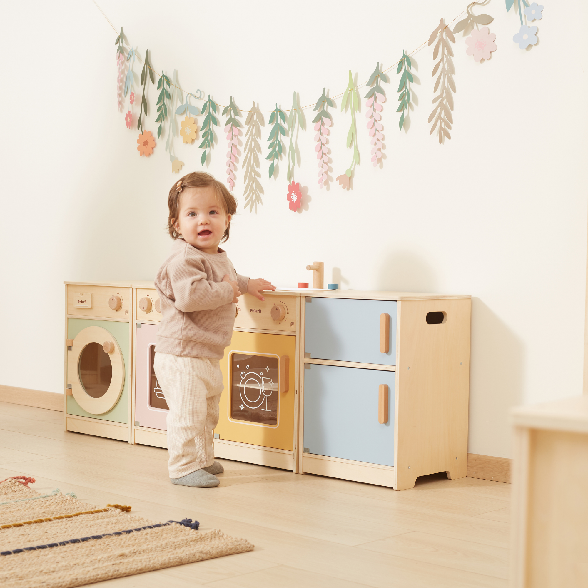 PolarB Wooden Kitchen Set for Toddlers with Fridge, Oven, Sink, and Washing Machine, Realistic Play Kitchen for Ages 18 Months and Up, Encourages Imaginative and Social Play