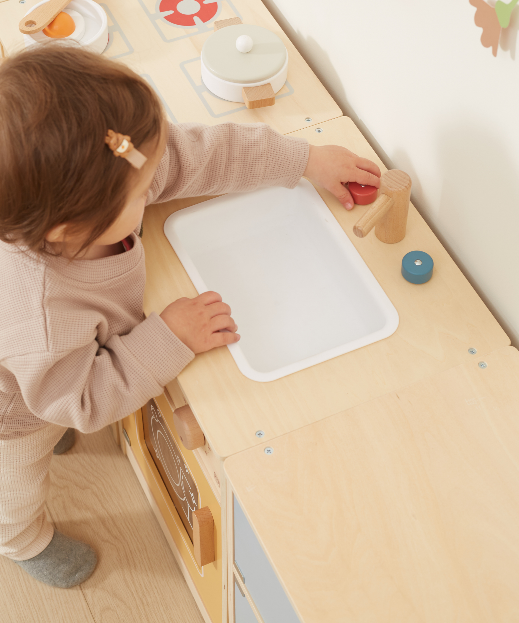 PolarB Wooden Kitchen Set for Toddlers with Fridge, Oven, Sink, and Washing Machine, Realistic Play Kitchen for Ages 18 Months and Up, Encourages Imaginative and Social Play