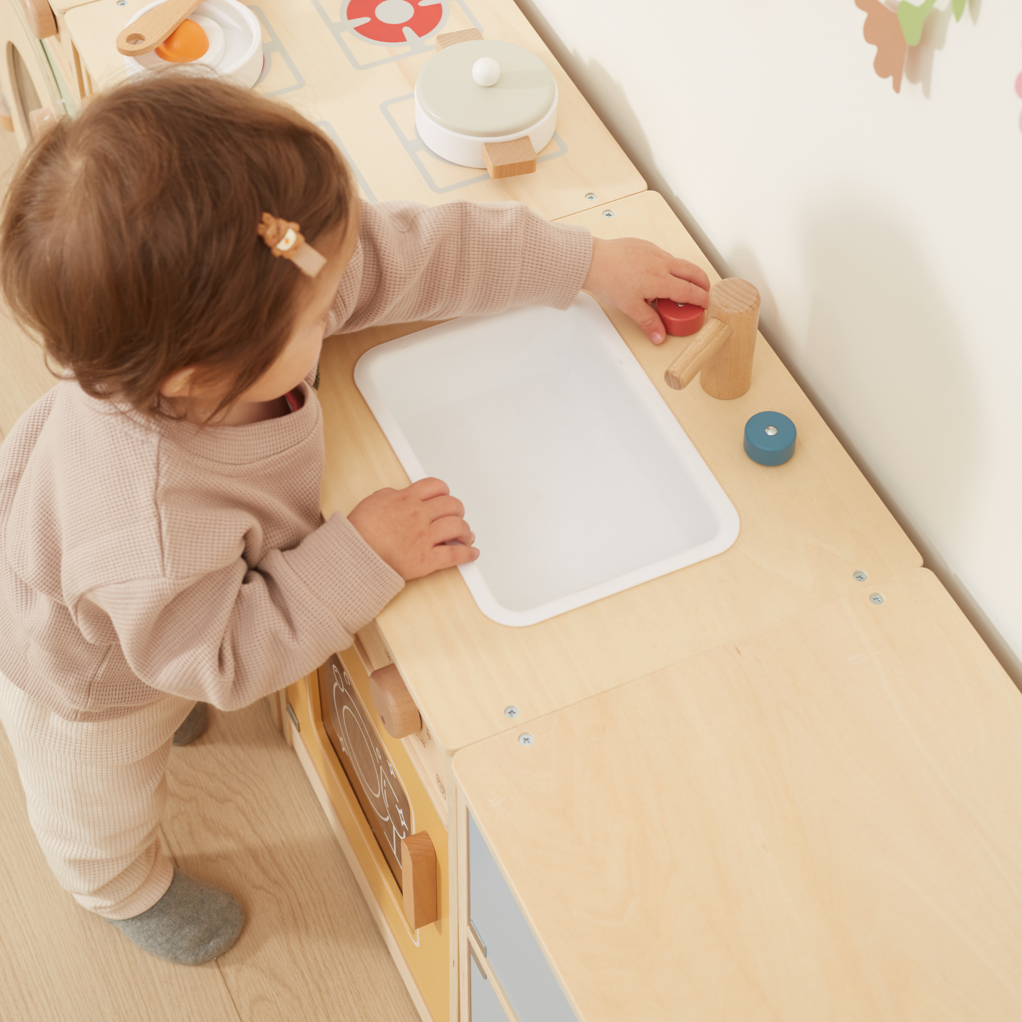 PolarB Wooden Kitchen Set for Toddlers with Fridge, Oven, Sink, and Washing Machine, Realistic Play Kitchen for Ages 18 Months and Up, Encourages Imaginative and Social Play