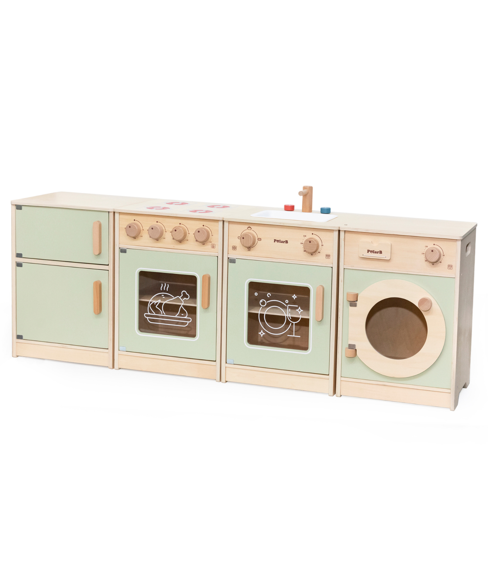 PolarB Sage Green Wooden Toddler Kitchen Playset for Ages 18 Months and Up, Includes Fridge, Stove, Sink, Dishwasher and Washing Machine, Encourages Imaginative and Social Play