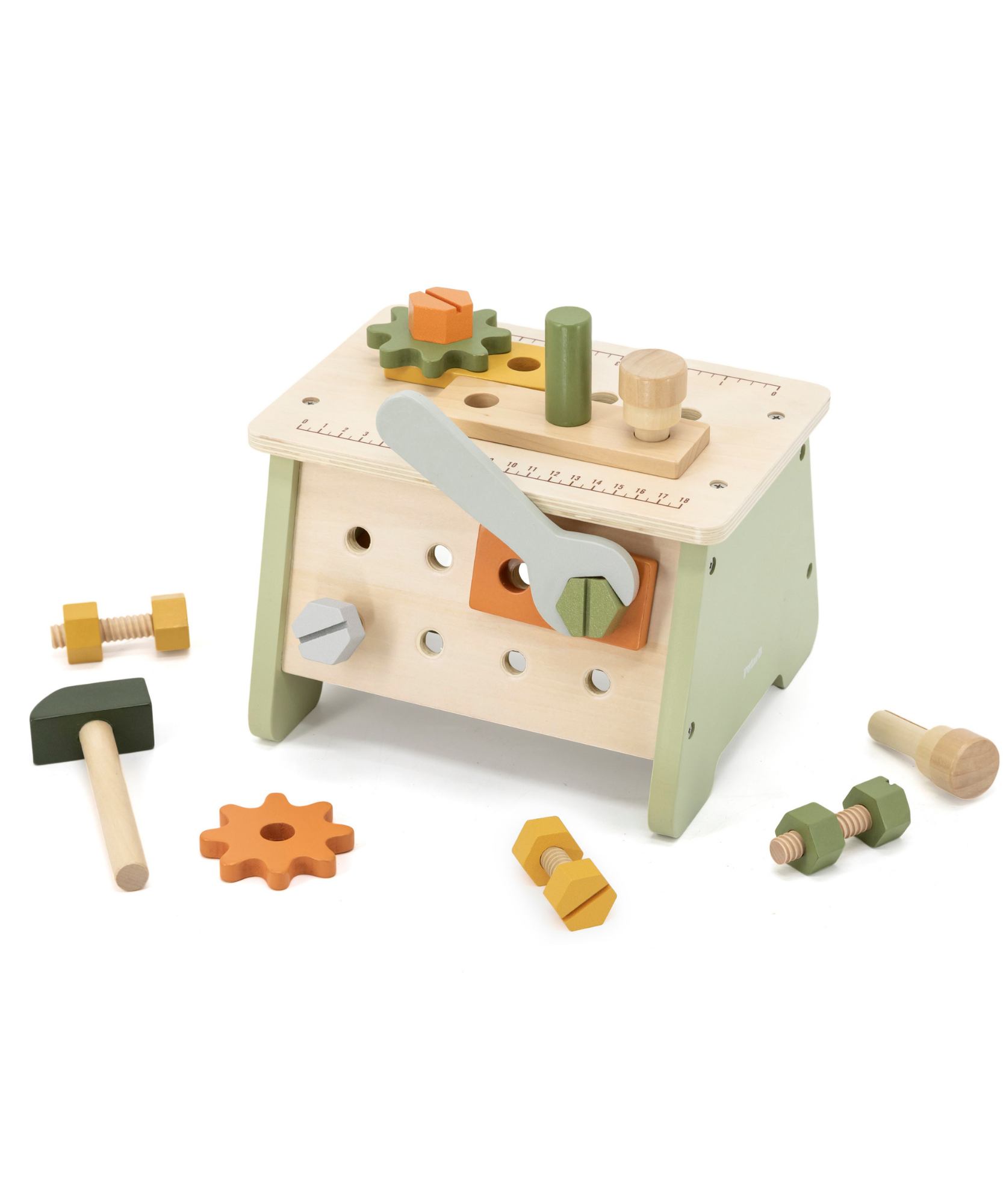 PolarB 2-in-1 Wooden Workbench and Tool Set for Kids, 30-Piece DIY Construction Play Set with Storage Basket, Promotes Imagination, Fine Motor Skills and STEM Learning, Ages 3+