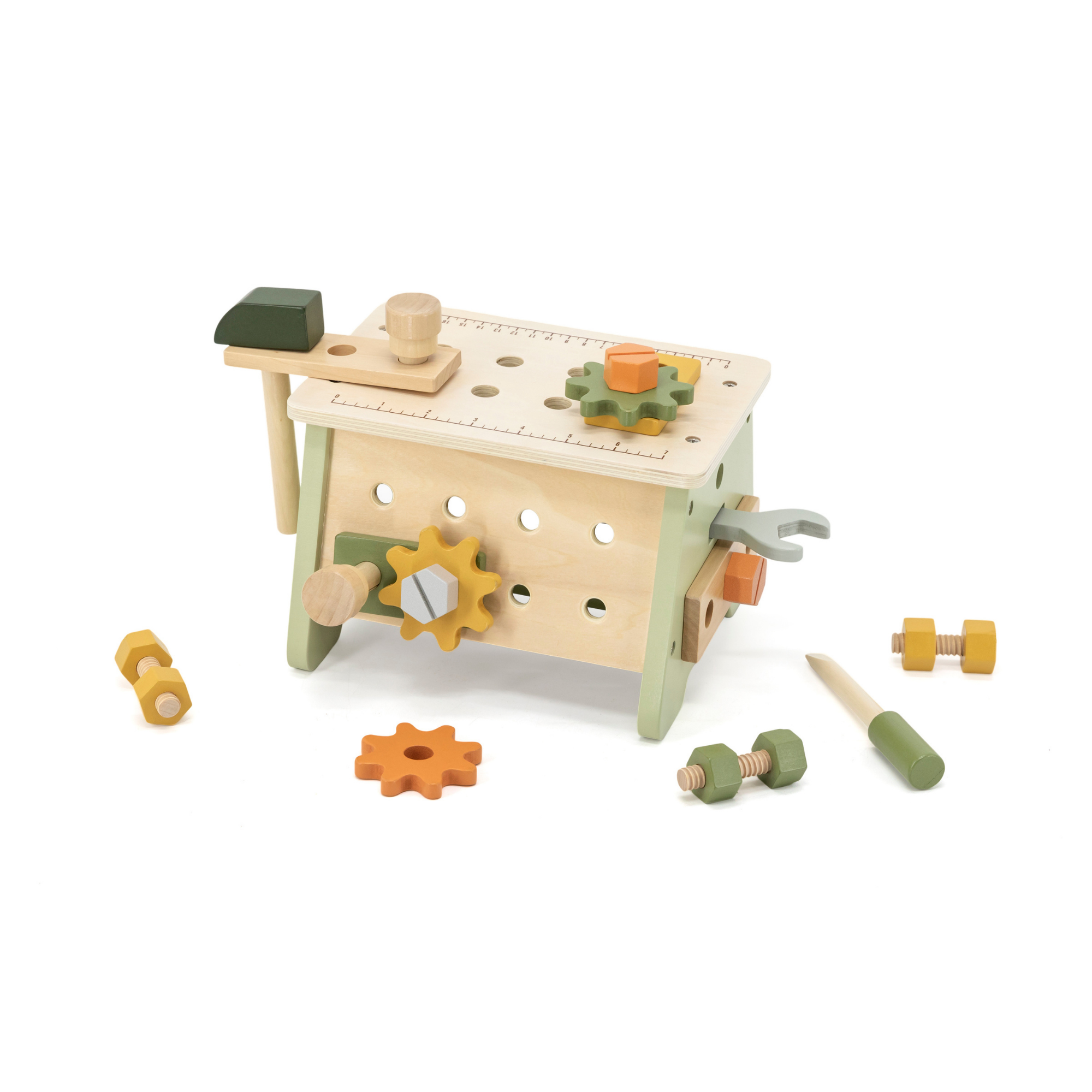 PolarB 2-in-1 Wooden Workbench and Tool Set for Kids, 30-Piece DIY Construction Play Set with Storage Basket, Promotes Imagination, Fine Motor Skills and STEM Learning, Ages 3+