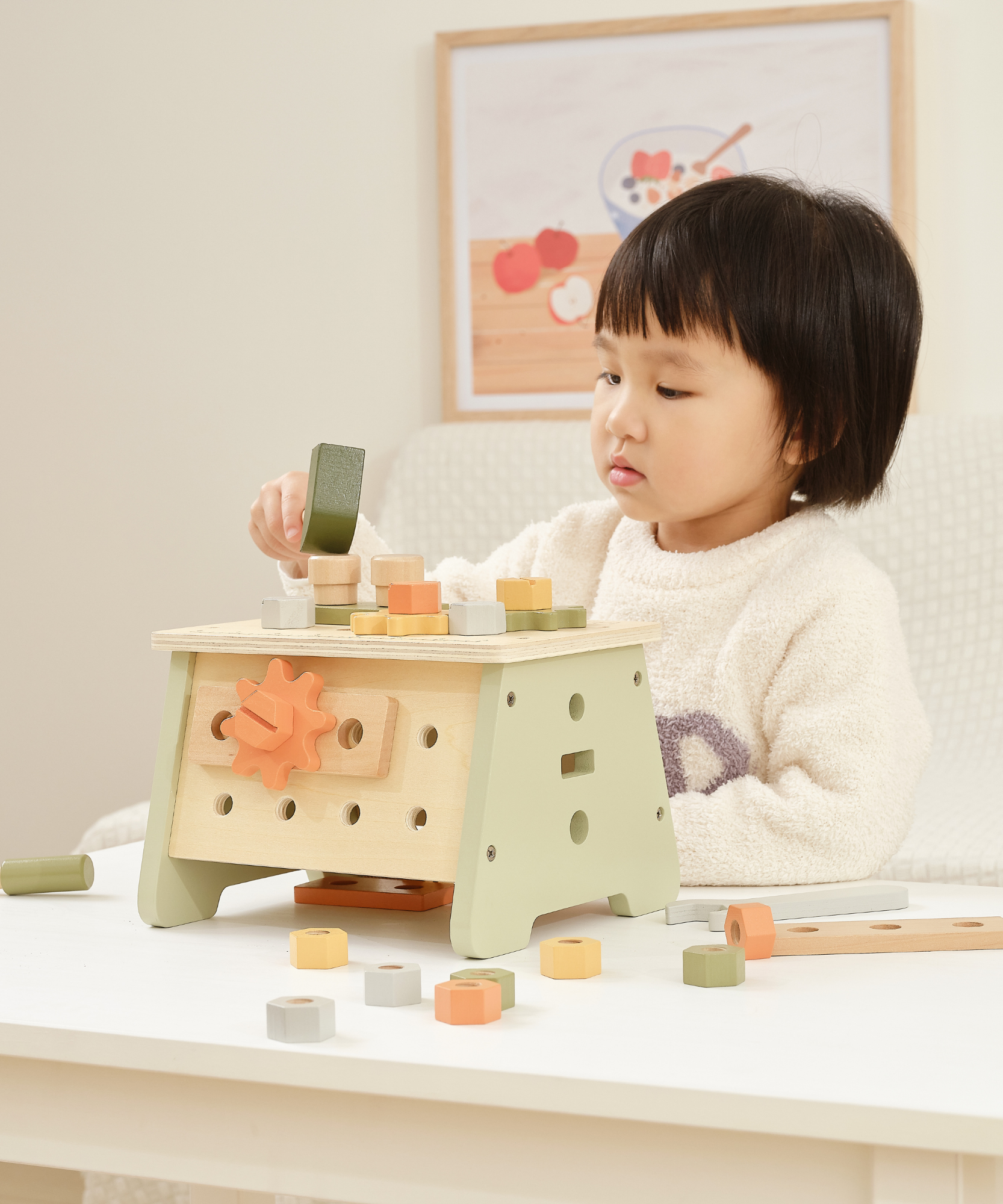 PolarB 2-in-1 Wooden Workbench and Tool Set for Kids, 30-Piece DIY Construction Play Set with Storage Basket, Promotes Imagination, Fine Motor Skills and STEM Learning, Ages 3+