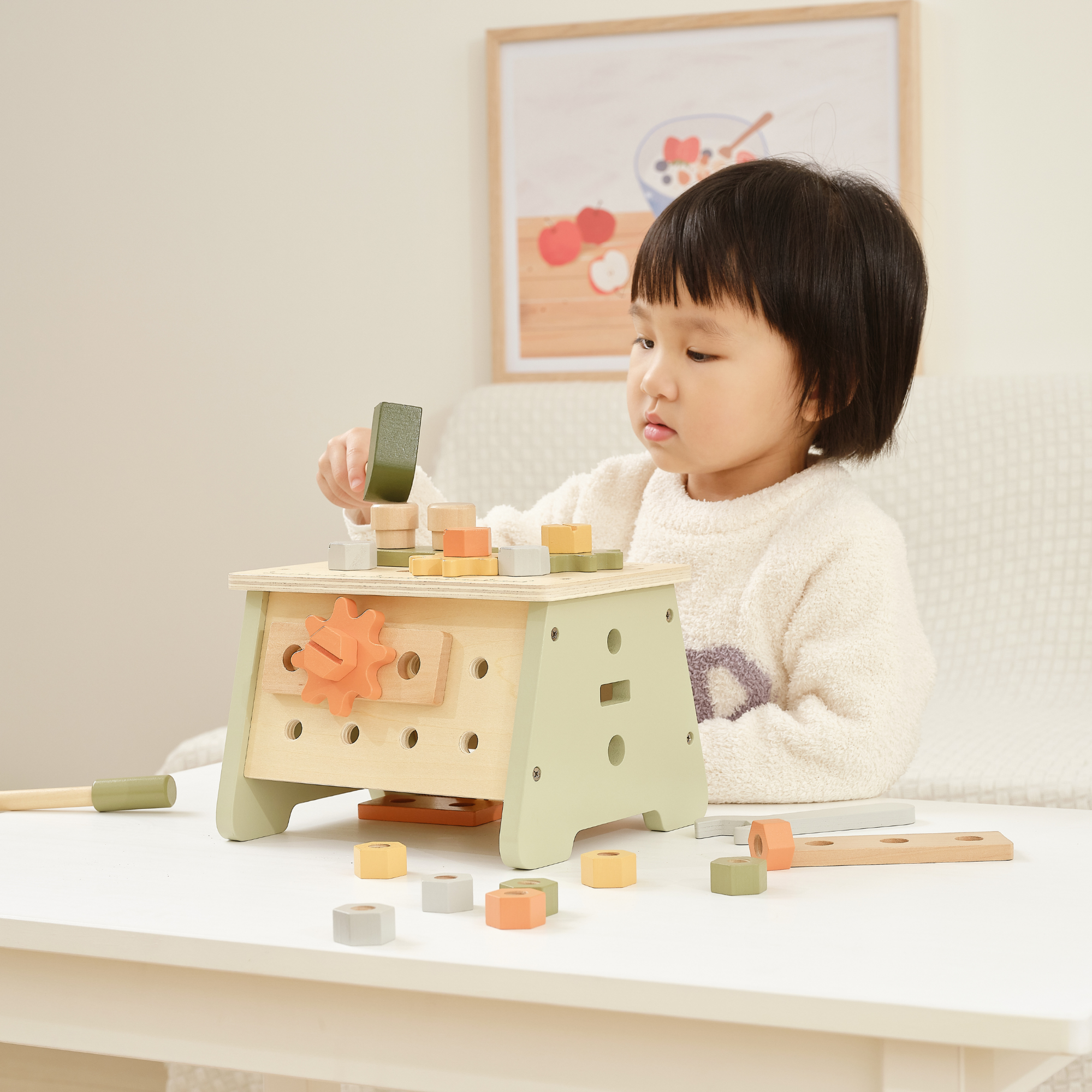 PolarB 2-in-1 Wooden Workbench and Tool Set for Kids, 30-Piece DIY Construction Play Set with Storage Basket, Promotes Imagination, Fine Motor Skills and STEM Learning, Ages 3+