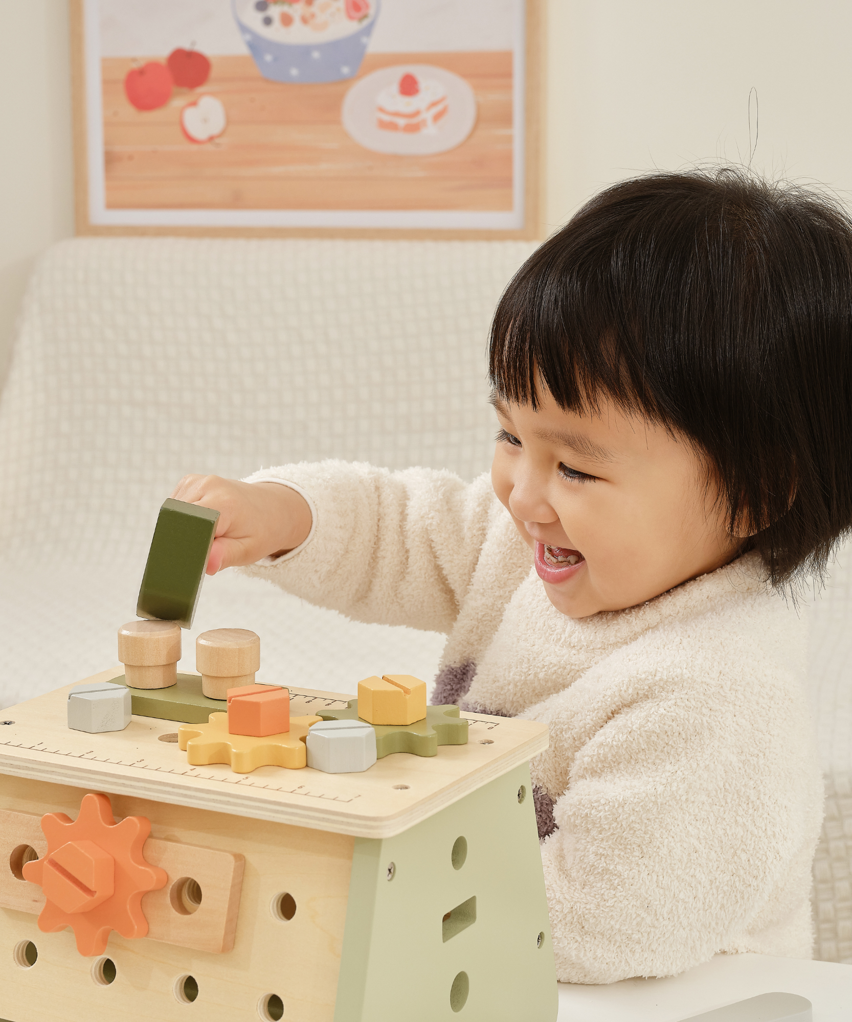 PolarB 2-in-1 Wooden Workbench and Tool Set for Kids, 30-Piece DIY Construction Play Set with Storage Basket, Promotes Imagination, Fine Motor Skills and STEM Learning, Ages 3+