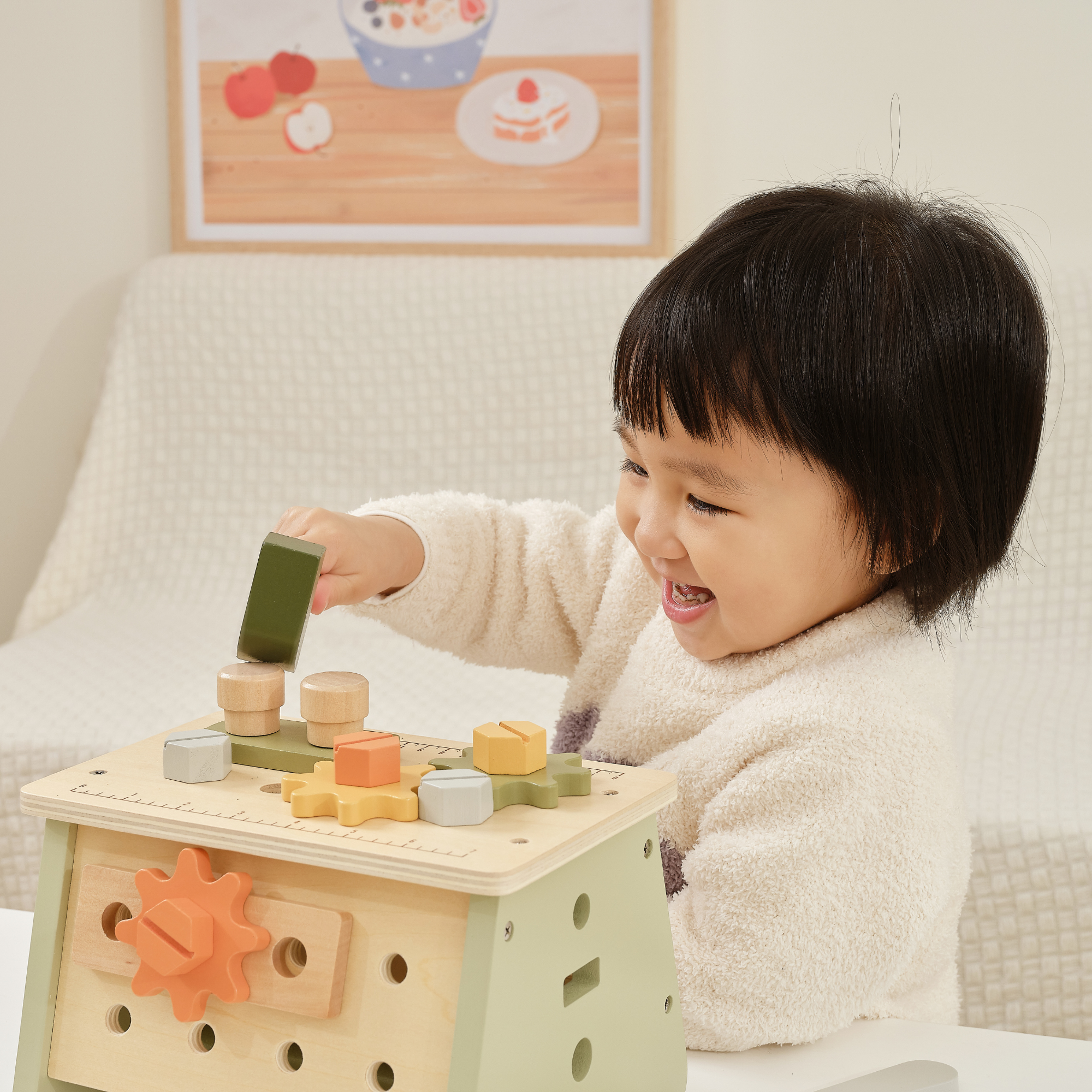 PolarB 2-in-1 Wooden Workbench and Tool Set for Kids, 30-Piece DIY Construction Play Set with Storage Basket, Promotes Imagination, Fine Motor Skills and STEM Learning, Ages 3+