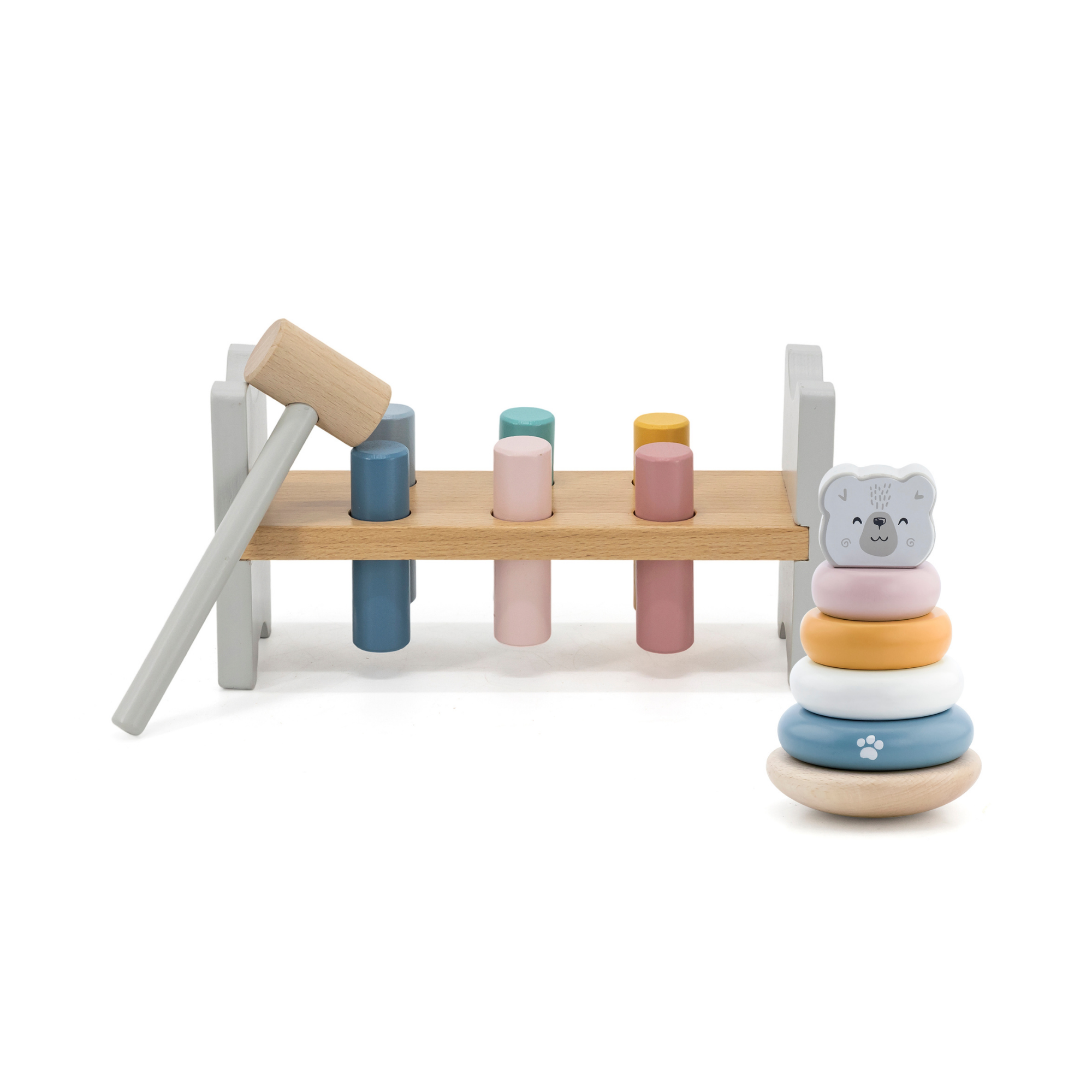 PolarB Wooden Polar Bear Stacker and Pounding Bench Set, Fine Motor Skill Toy for Toddlers, Color Recognition and Hand-Eye Coordination, Ages 24 Months+