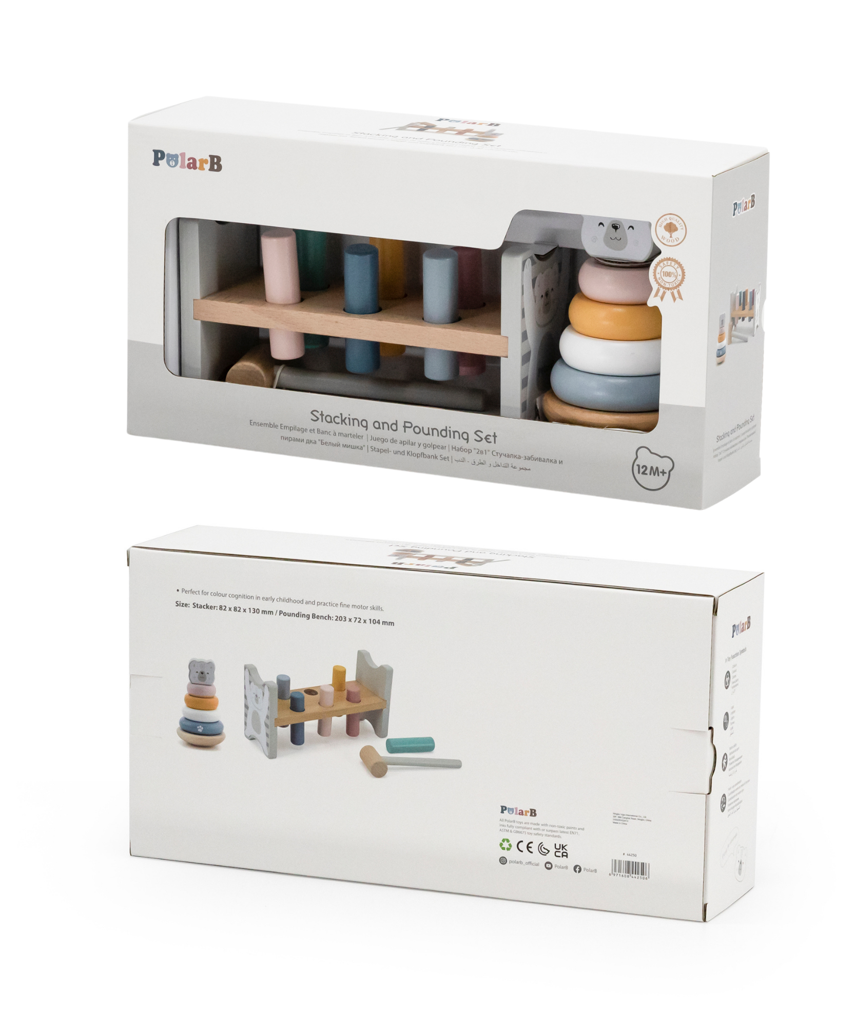 PolarB Wooden Polar Bear Stacker and Pounding Bench Set, Fine Motor Skill Toy for Toddlers, Color Recognition and Hand-Eye Coordination, Ages 24 Months+