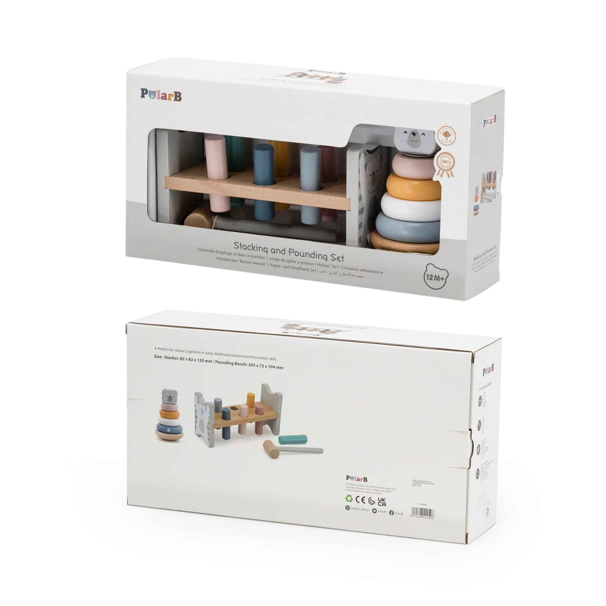 PolarB Wooden Polar Bear Stacker and Pounding Bench Set, Fine Motor Skill Toy for Toddlers, Color Recognition and Hand-Eye Coordination, Ages 24 Months+