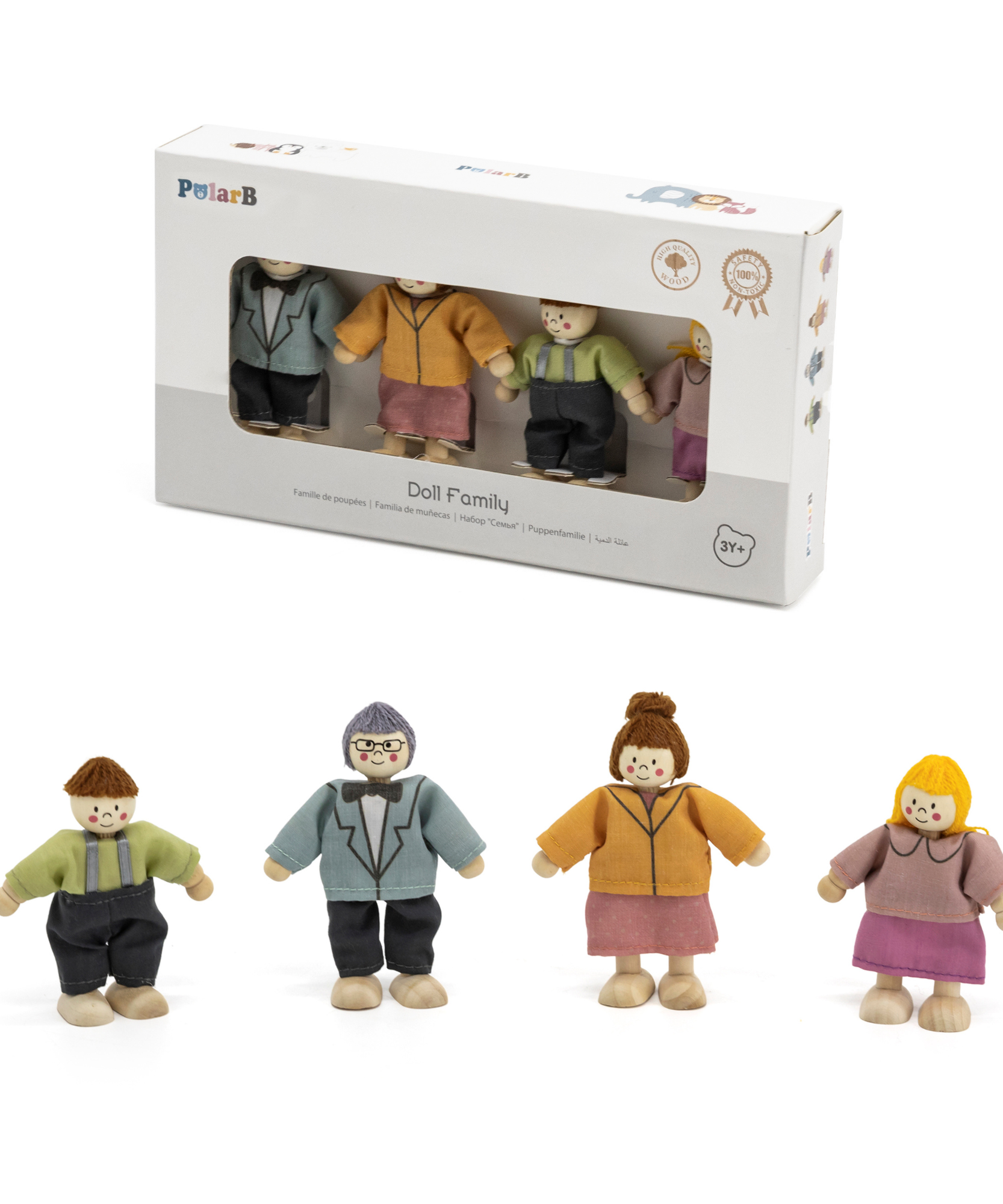 PolarB Wooden Doll Family Set 44254, 4-Piece Poseable Figures with Fabric Clothes, Ideal for Dollhouse Play and Role-Playing for Ages 3+